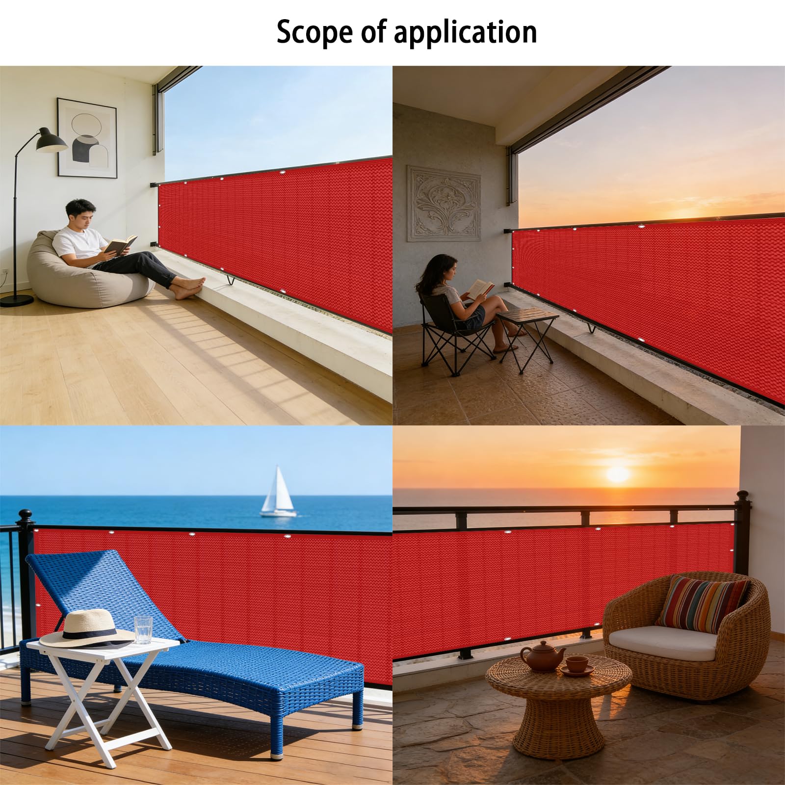 Copri Balcone 120 x 700 cm in HDPE 220G ㎡, Permeabile, Anti-Uv, Frangivento, Protezione Solare, Privacy Recinzione Copertura con Fascette e Funi para Exterior Terraza, Rosso