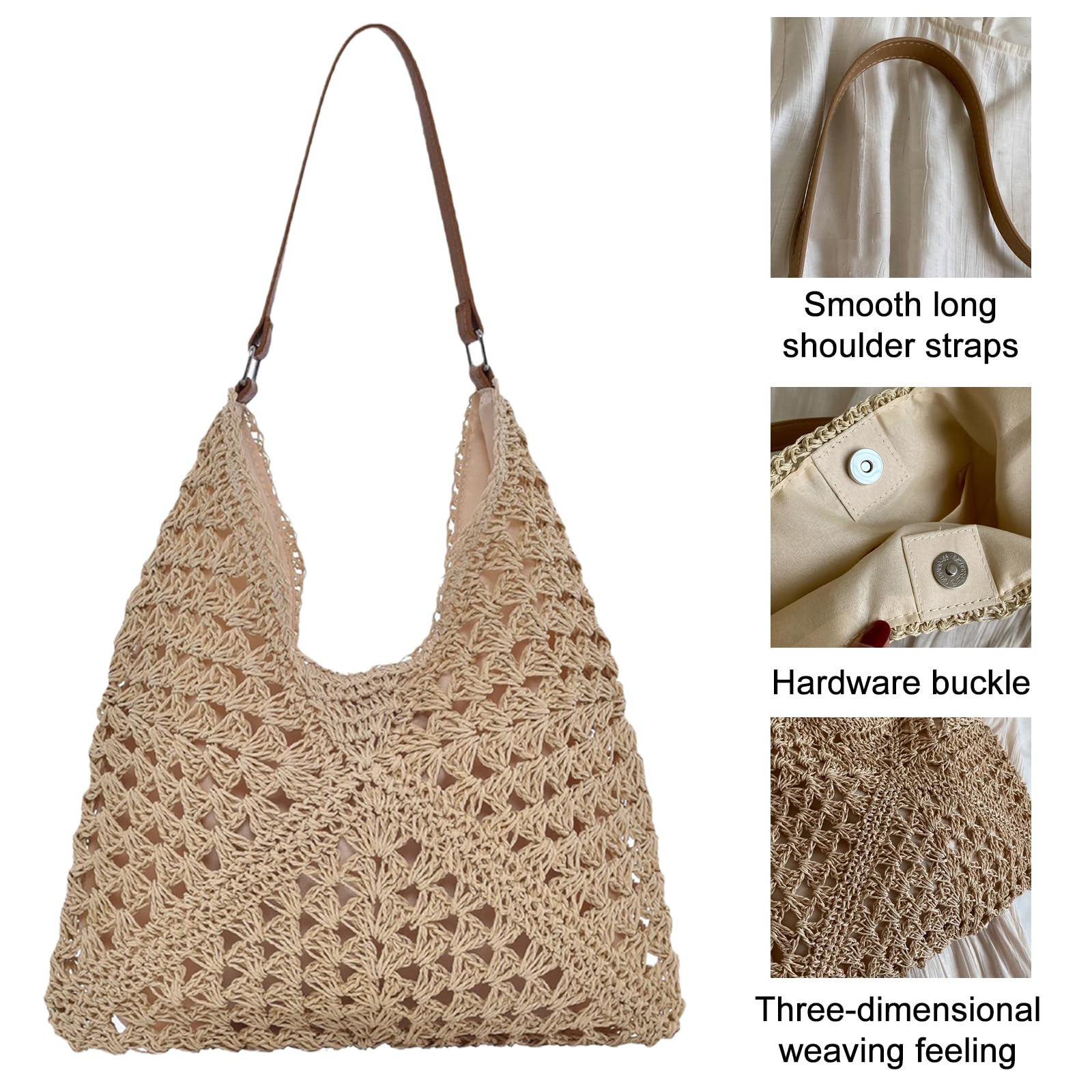 Bolsos de Paja Mujer Verano, Elegante Bolso de Mano Bohemio, Práctico Bolso de Hombro Rafia para Mujer, Bolsos Tejidos Crochet, Tote Bag Para Viaje Fiesta Vacaciones (Beige)