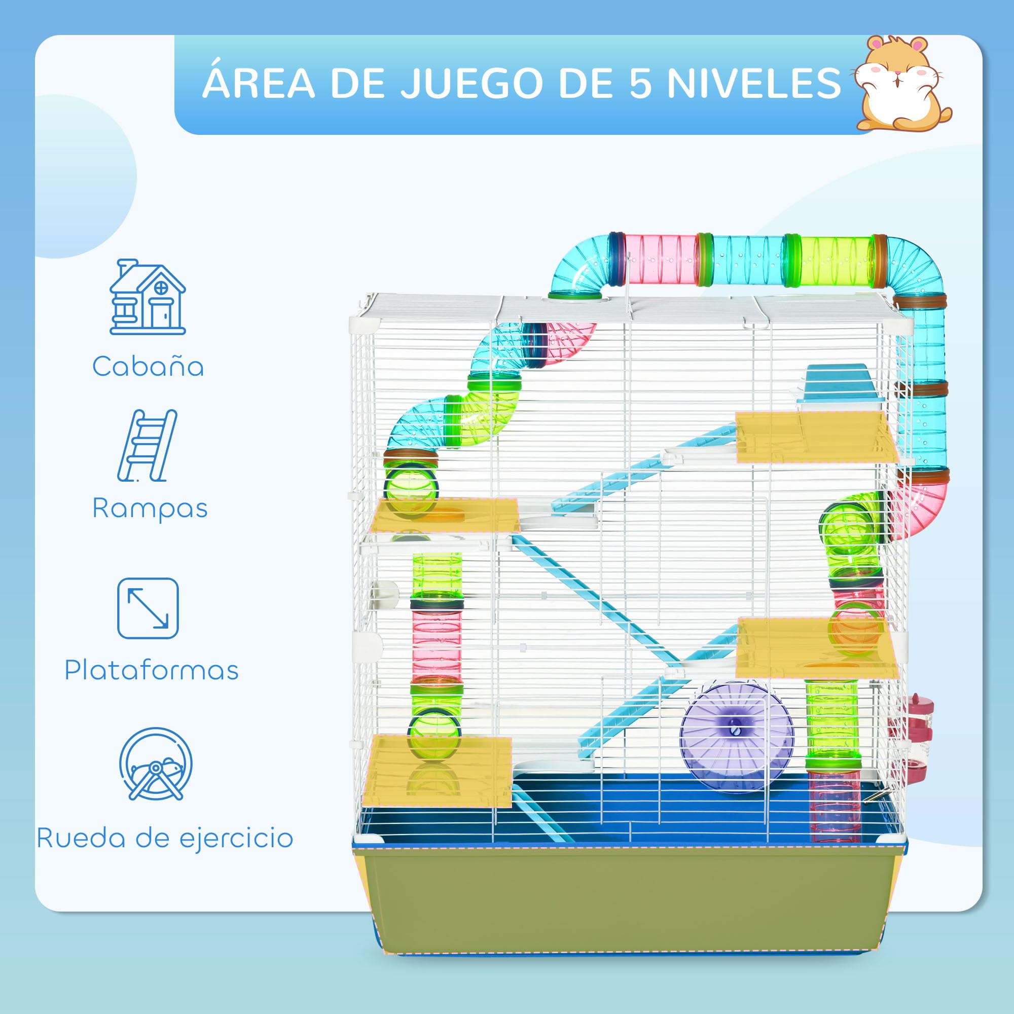 PawHut Jaula para Hámster 59x36x69 cm Casa para Animales Pequeños con Túnel Plataformas Cuenco Bebedero Casita Rampas y Rueda de Ejercicio Azul