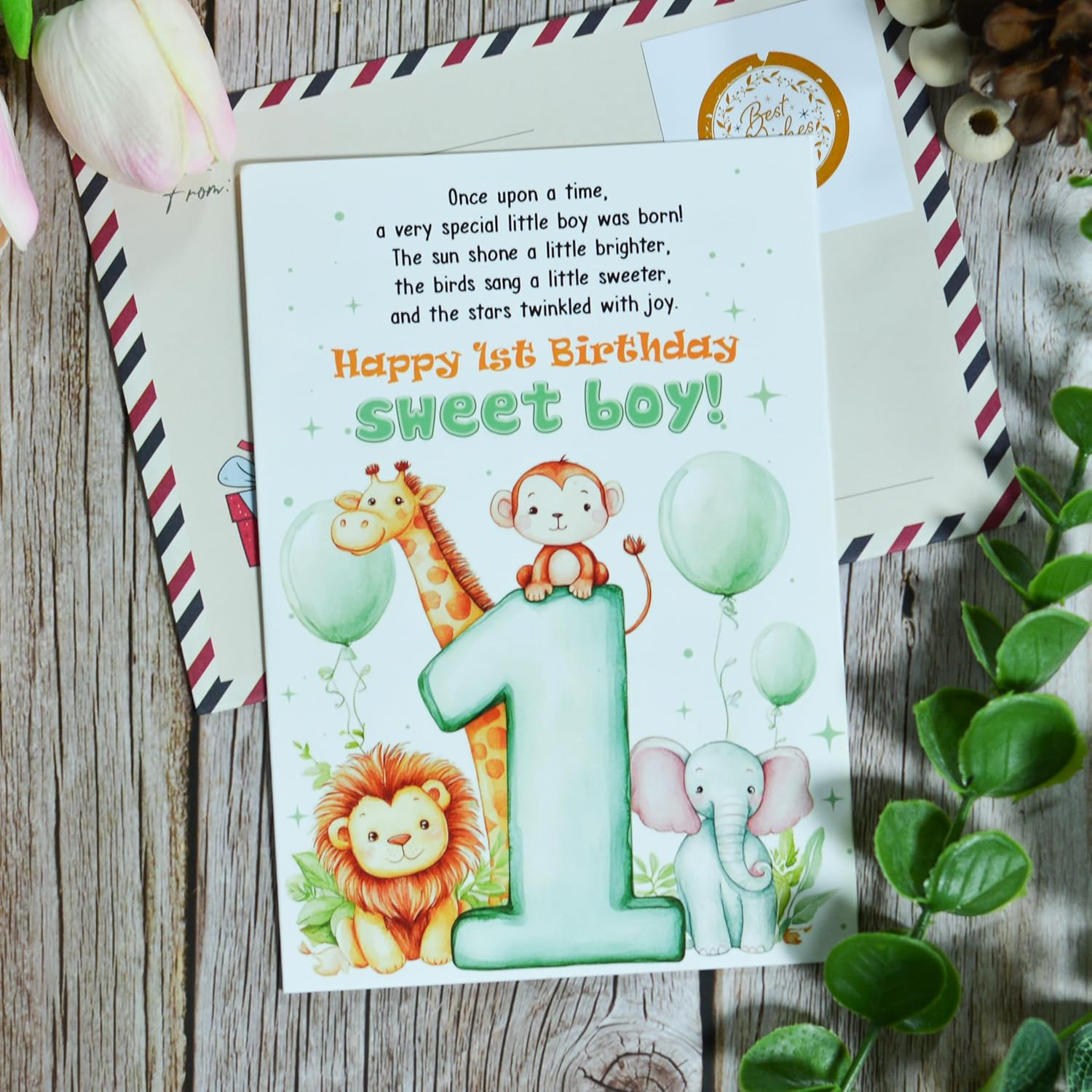 1st Birthday Card Boy, First Birthday Card Boy with Seal and Envelope, Grandson 1st Birthdays Cards - Image 2