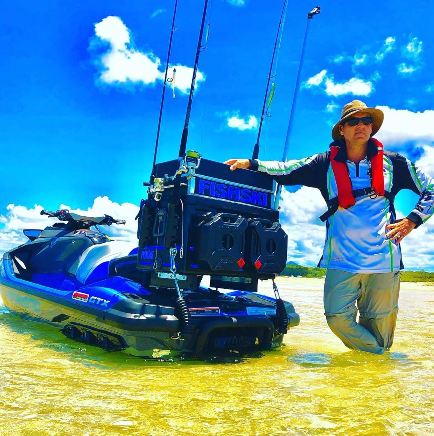 Fishski (Blue) jet ski cooler. Cutting board and fish rod