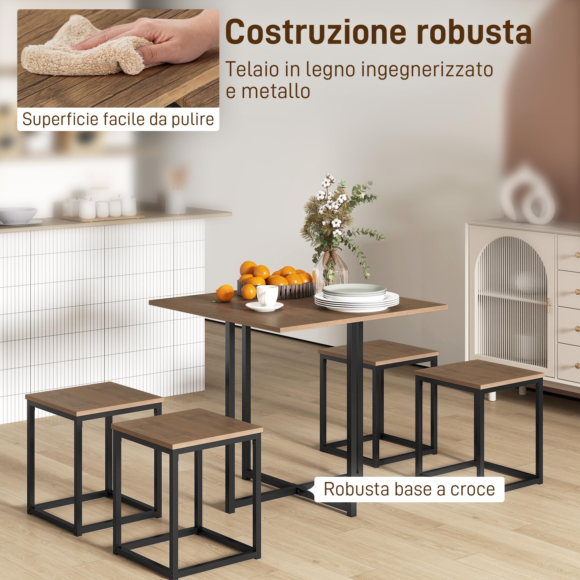 HOMCOM Set 5 Pezzi Tavolo Sala da Pranzo con 4 Sgabelli in Stile Industriale per Cucina, Set Mobili Salvaspazio per Casa o Ristorante in Legno e Metallo, Nero e Color Legno