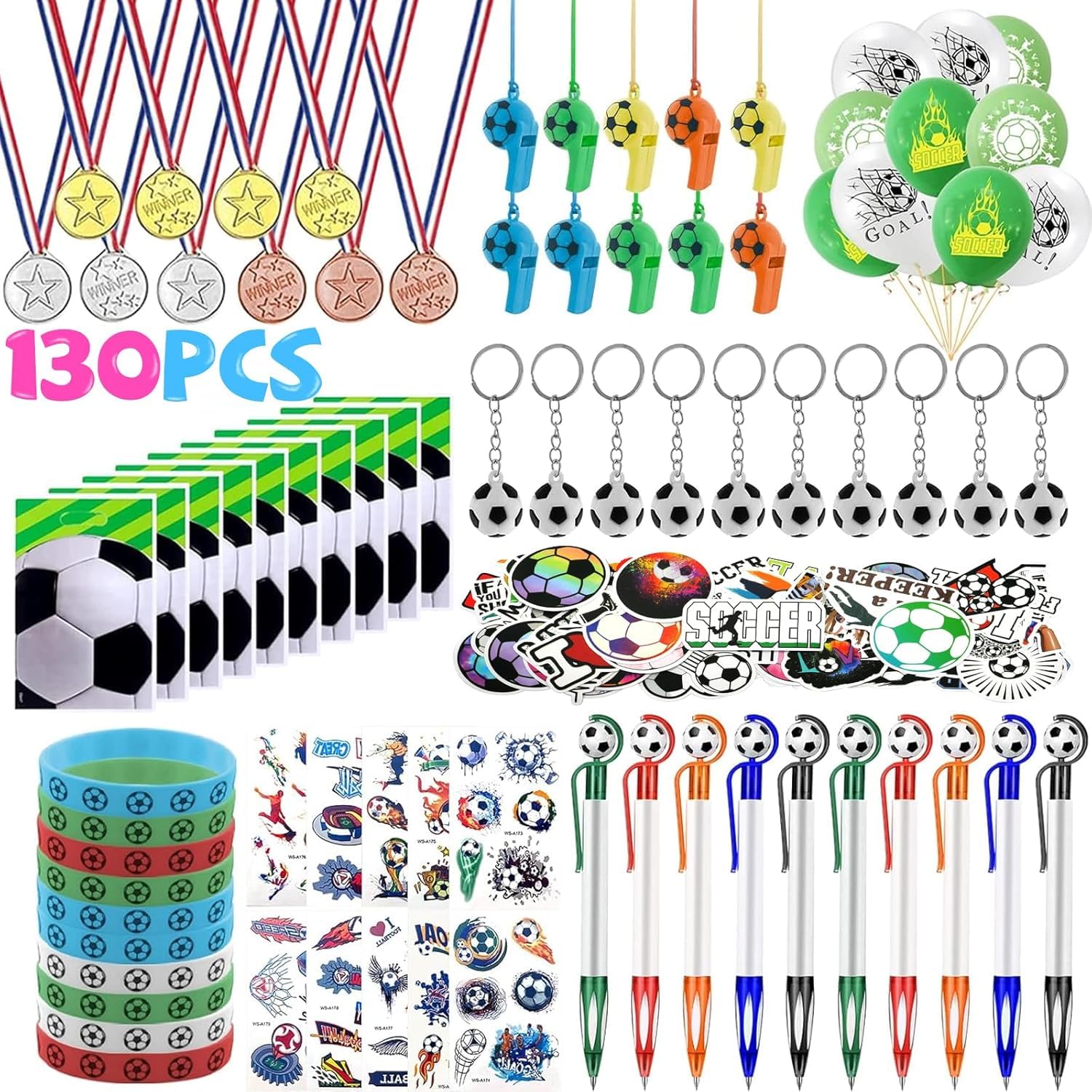 130 Pezzi Gadget Festa Calcio Bambini, Kit Regalini Fine Festa Compleanno Mondiale 2026 con Medaglie d'Oro, Fischietti, Portachiavi 3D, Penne e Tatuaggi, Premi Sportivi & Sacchetti Regalo