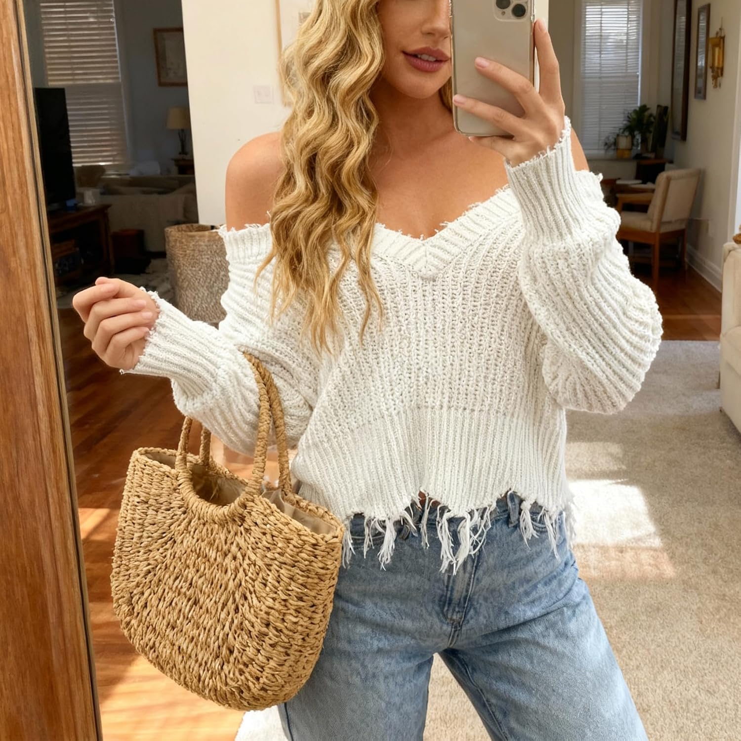 Women's Off Shoulder Sweater V Neck Pullover Distressed Hem Solid Knit Sweater Long Sleeve Crop Tops - Image 3