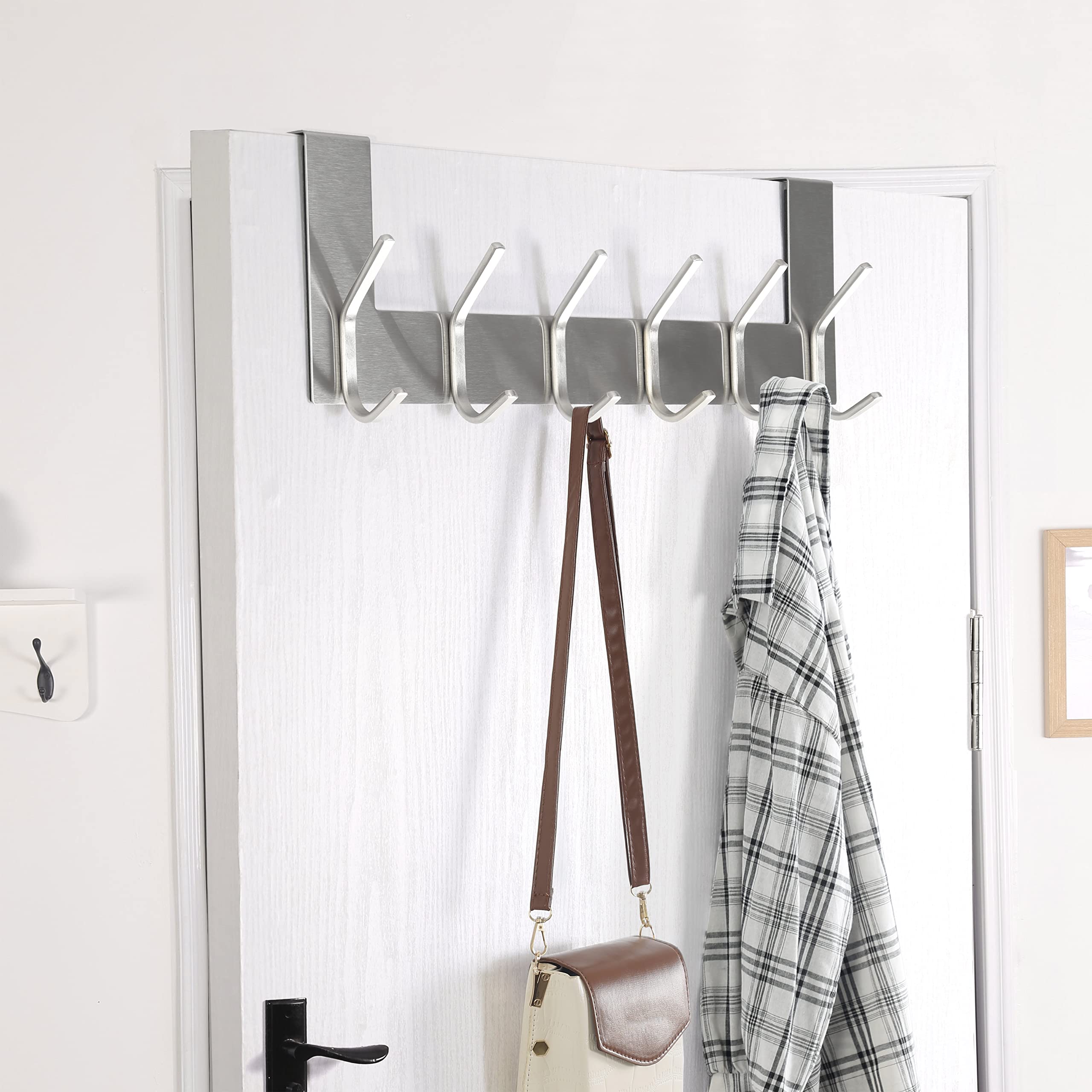 Dseap Over The Door Hook Hanger - 6 Hooks Over Door Coat Rack for Hanging Clothes Hat Towel, Brushed Nickel - Image 3