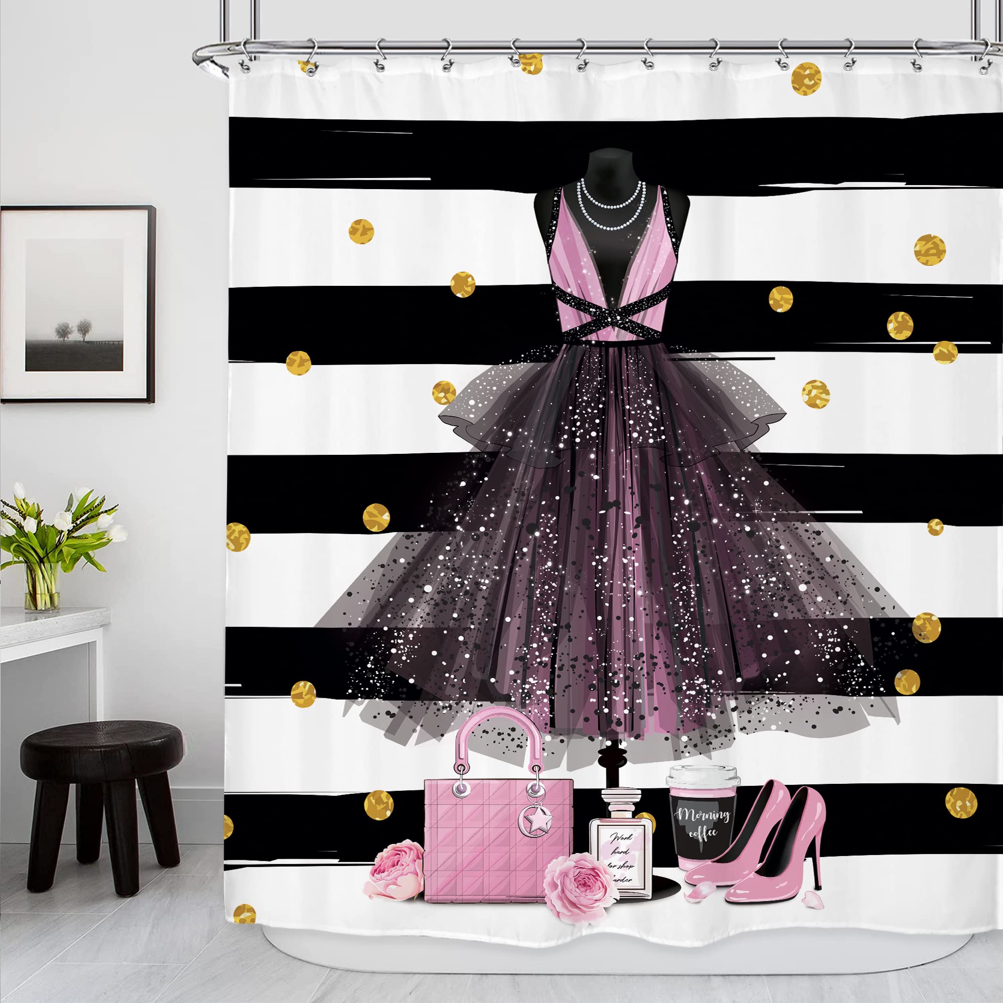 Riyidecor Girly Dresses Shower Curtain 60Wx72H Inch Fashion Pink High Heel Perfume Bottle Girls Women Black White Stripe Floral Handbag Modern Bathroom Decor Fabric Polyester Waterproof 12 Pack Hooks