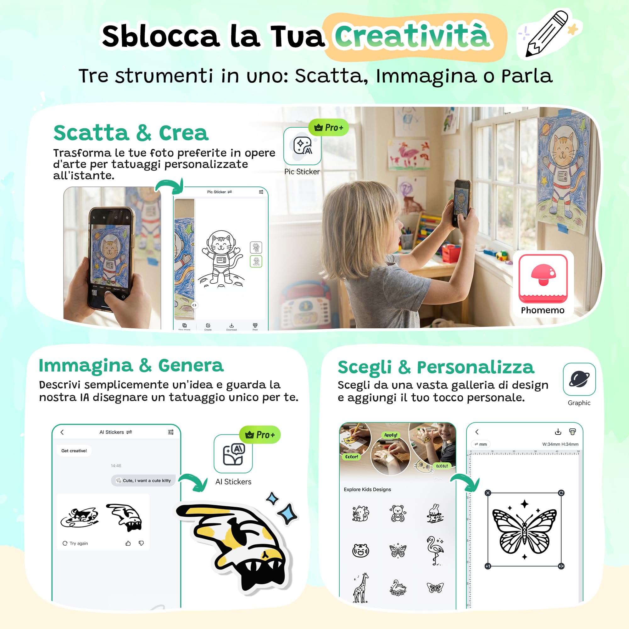 TATTMUSE Stampante Tatuaggi per Bambini, Regalo Bambina 5 6 7 8 9 10 Anni | con 40 fogli per Tattoo e 4 Pennarelli, Tatuaggi Temporanei - Attività Fai da te per Giochi Bambina 11 12 Anni