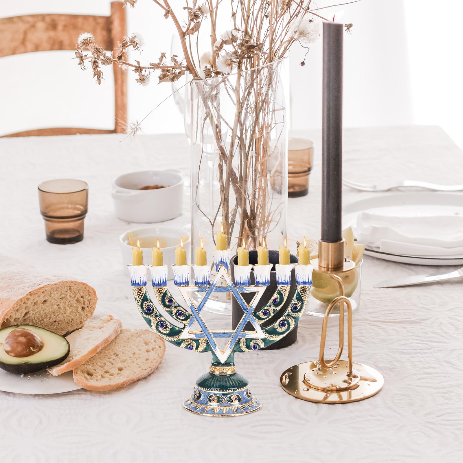 Candeliere Ebraico di Hanukkah a 9 Rami in Lega Retrò Decorativo per Decorazione da Tavolo Posizionamento Stabile per Banqueting e Ambienti Domestici
