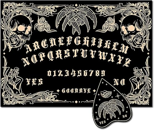 CREATCABIN Tabla de hablar de espíritu de madera con diseño de calavera, péndulo rectangular negro, tablero de adivinación con planchette,