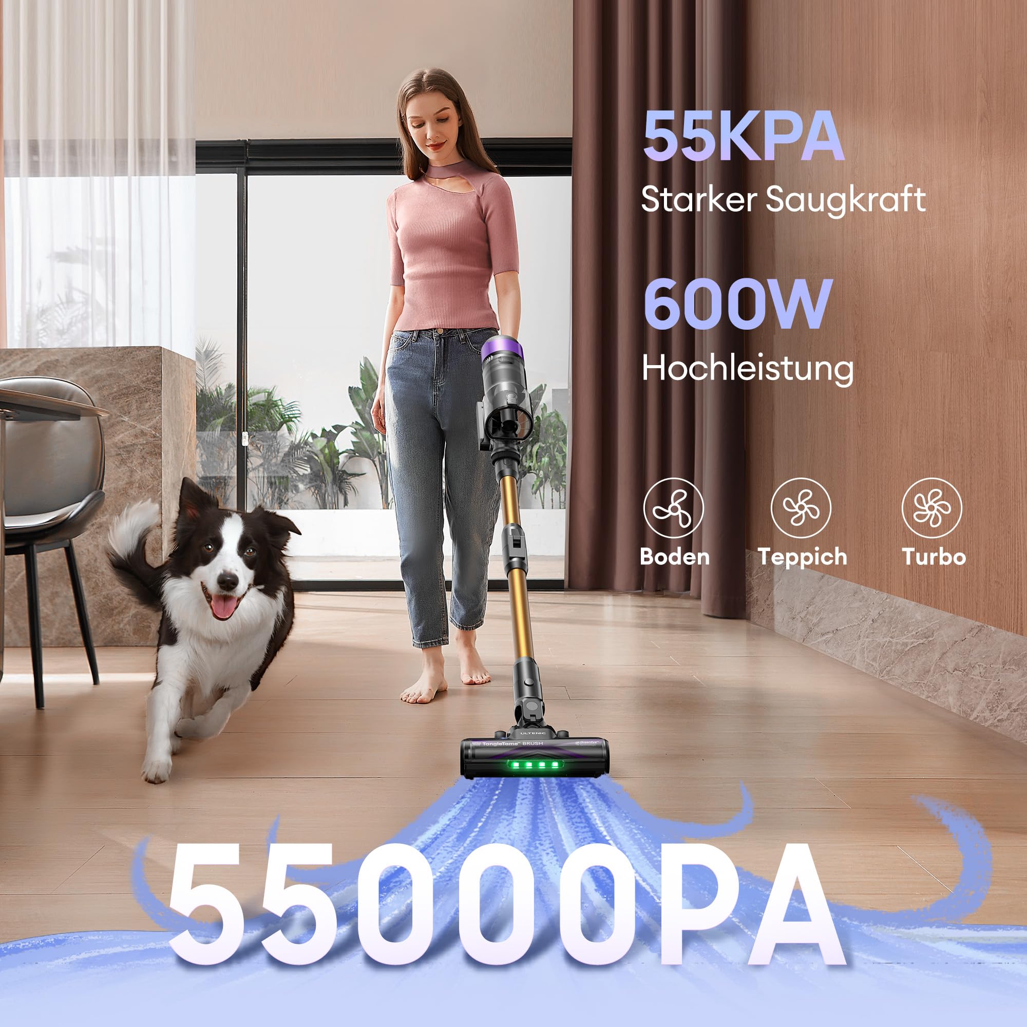 Ultenic Akku Staubsauger,55KPA/600W/60Mins Staubsauger Kabellos mit 180° klappbarem Rohr, 1,5L Großer Staubbecher, Anti-Tangle-Bürste, GreenEye-Technologie,Licht für Hartböden Teppiche Tierhaare
