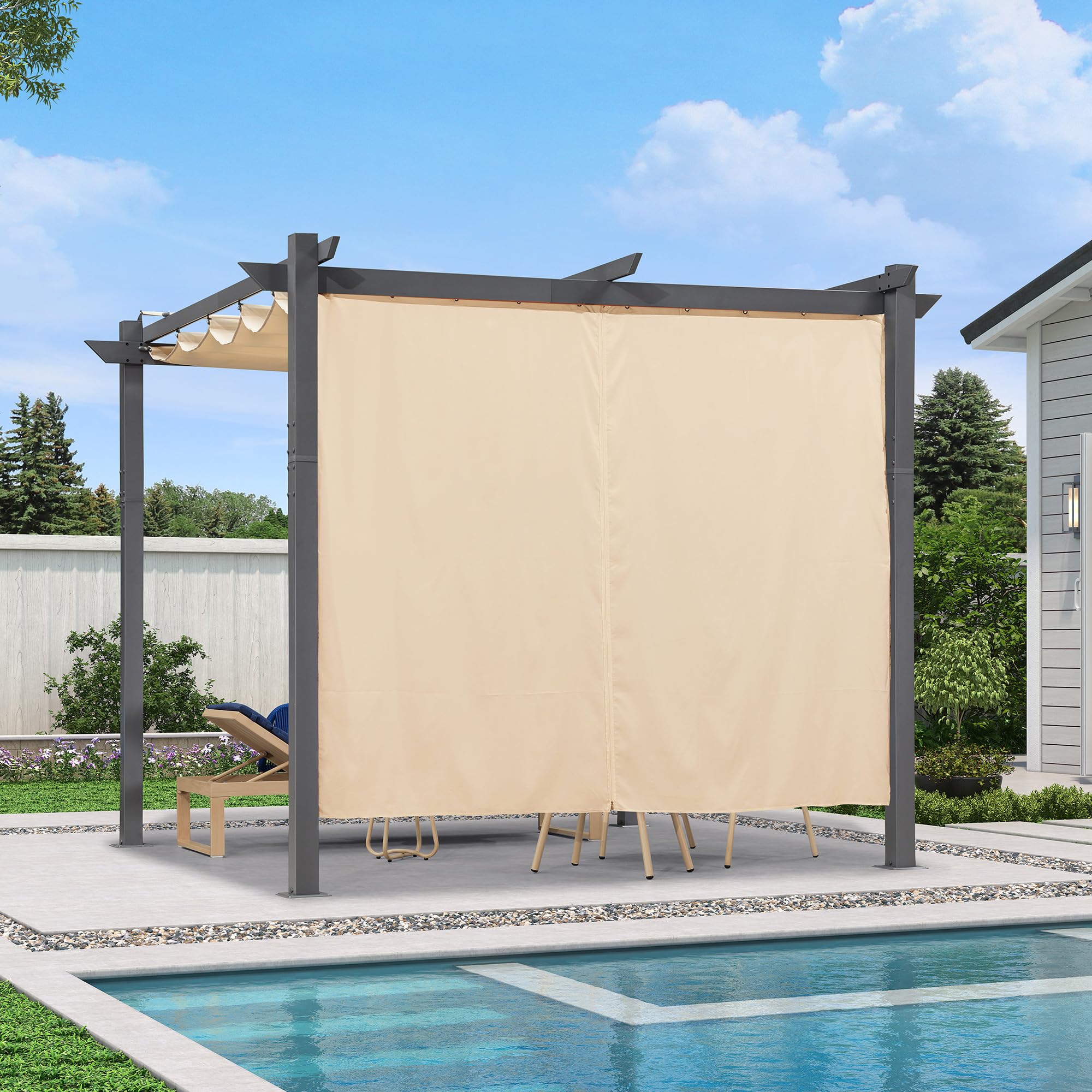 PURPLE LEAF Pergola Holzoptik, Rostfreier Aluminium Pavillon mit Einziehbarem Dach und LDE, Langlebige Pergola Freistehend mit Markisenschutz