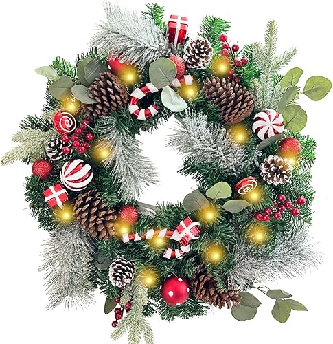 Vista 15 de WANNA-CUL Corona de Navidad preiluminada de 24 pulgadas para puerta delantera, decoración de puerta de Navidad iluminada en azul plateado