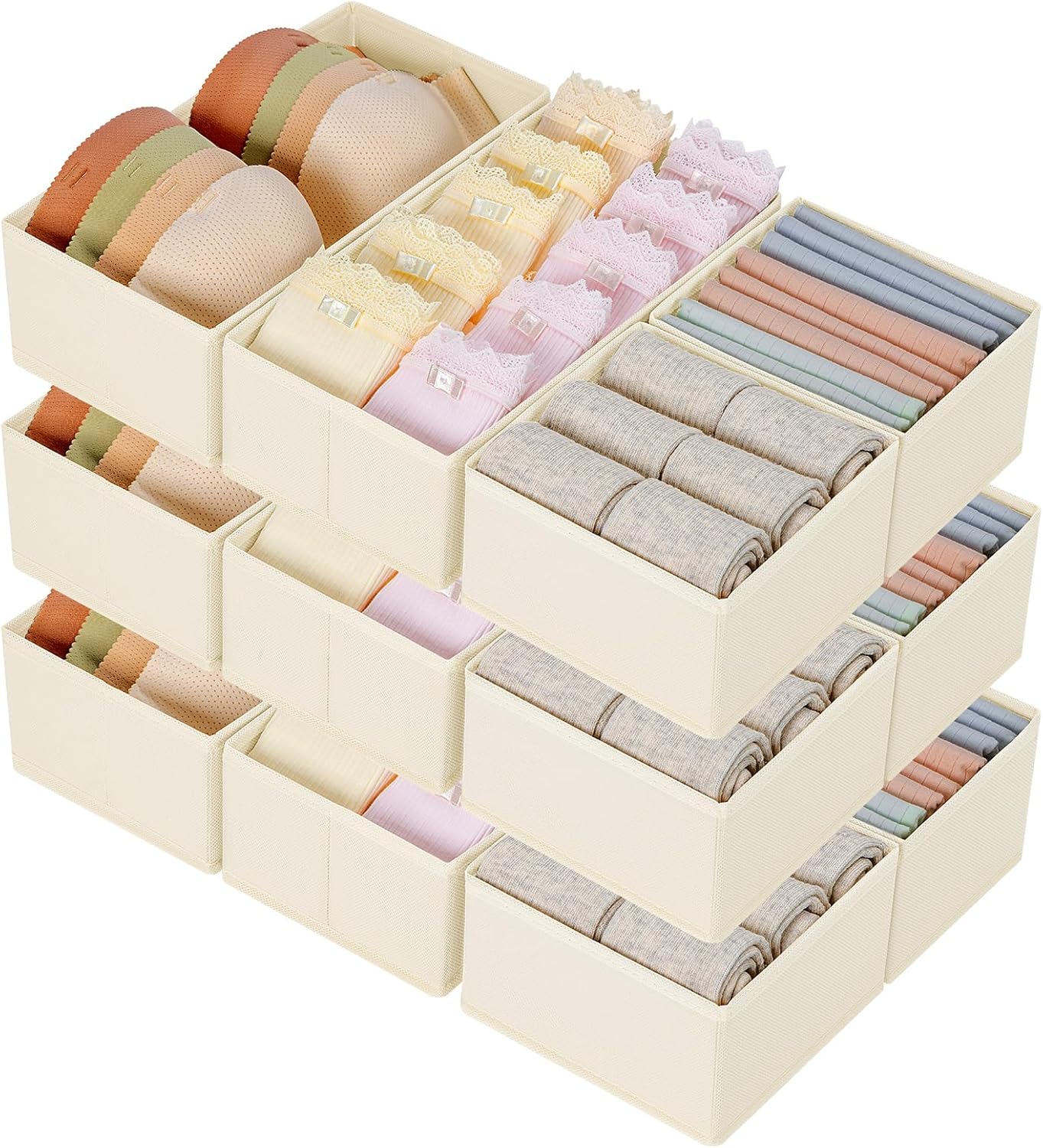 DIMJ Organizer per Cassetti 12 Pezzi Organizer per Armadio, Divisori per Cassetti Separatori per Cassetti Organizzatore Cassetti, per Calze, Biancheria Intima, Beige