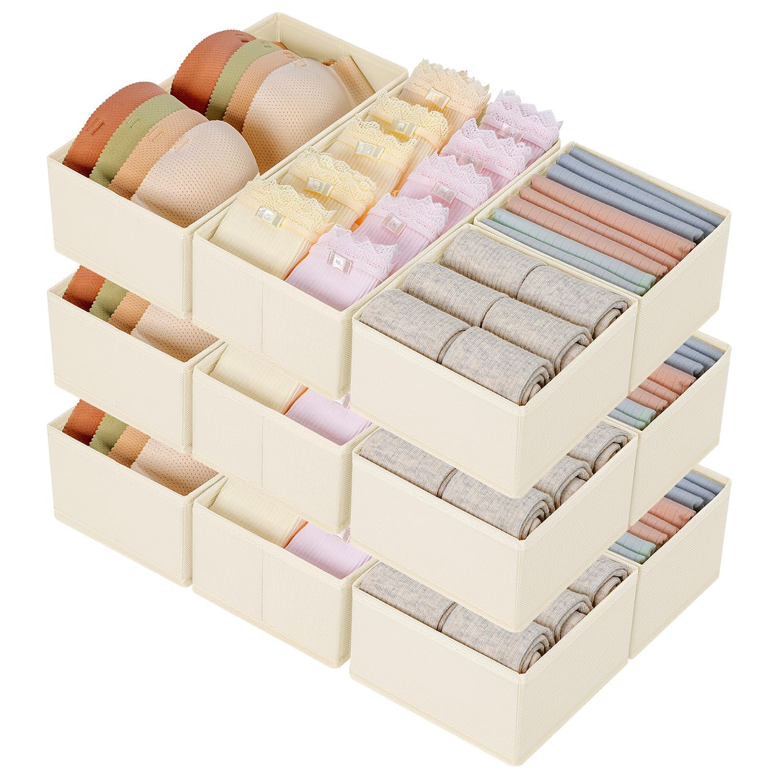 Homsorout Schubladen Kleiderschrank Organizer - 12 Stück Faltbare Unterwäsche Organizer Aufbewahrungsbox Stoff Schubladen Ordnungssystem für Hosen, Kleidung, Socken, Beige