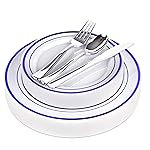 125-Piece White and Blue Fancy Plastic Plates Disposable with Silverware, Elegant Dinnerware for Weddings, Holiday Party China, Set of 25 Dinner + Salad Plates, 25 Spoons, 25 Forks, 25 Knives
