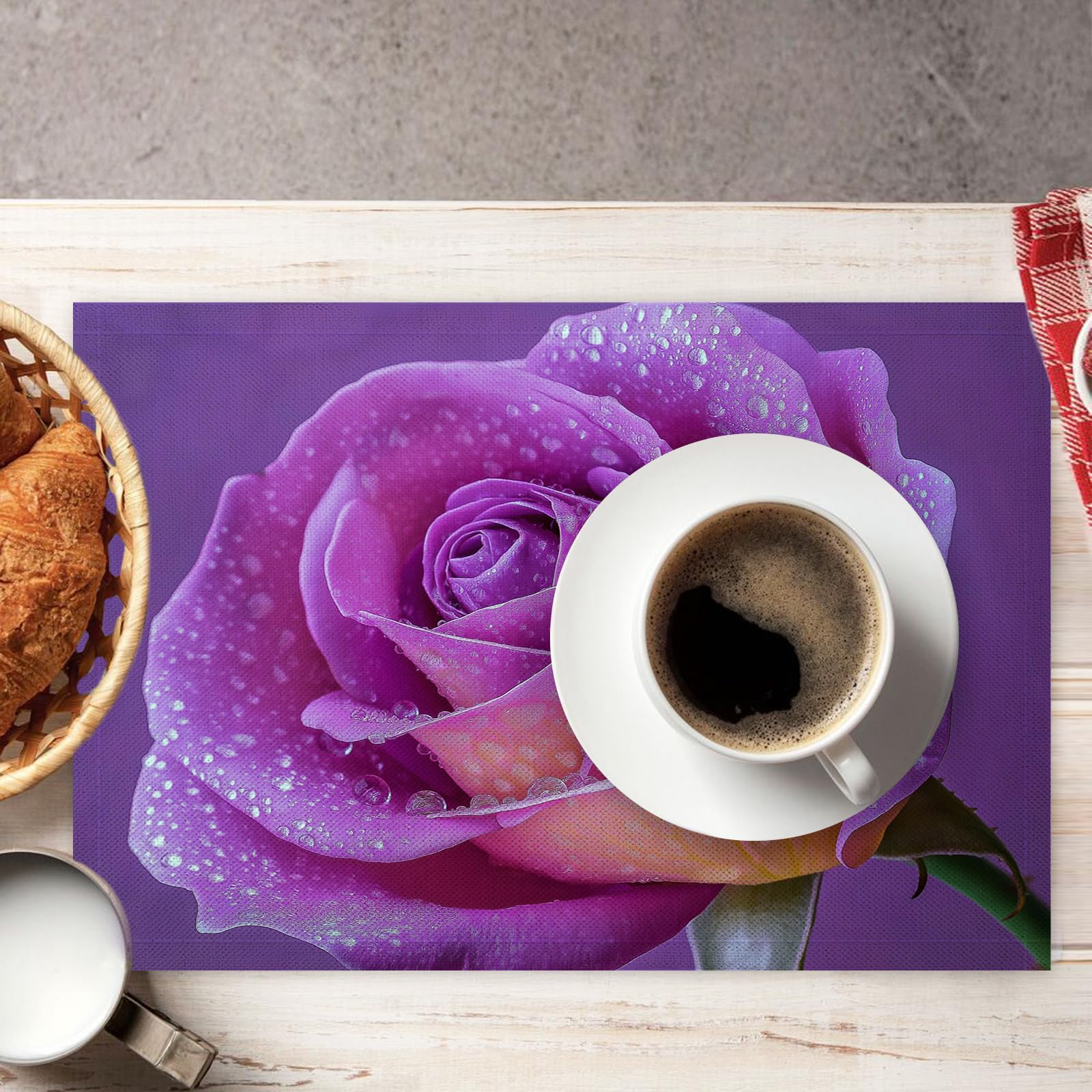 Set di 8 Tovagliette Americane Lavabili Cotone Lino Fiori glamour - Tovaglietta Americana Resistenti al Calore Durevole Rosa viola - per Colazione Pranzo 30×45 cm