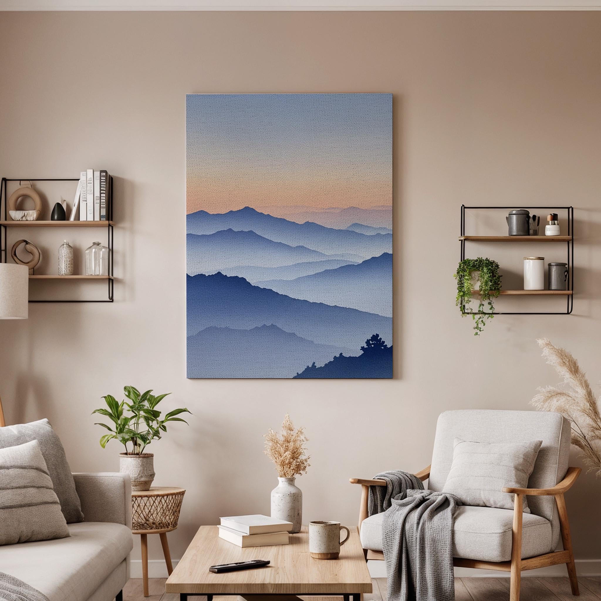 lianyibo Sztuka ścienna na płótnie z motywem górskiego zachodu słońca, mglisty nadruk krajobrazu, spokojna natura dekoracja do sypialni, salonu (70 x 100 cm/rama wewnętrzna)