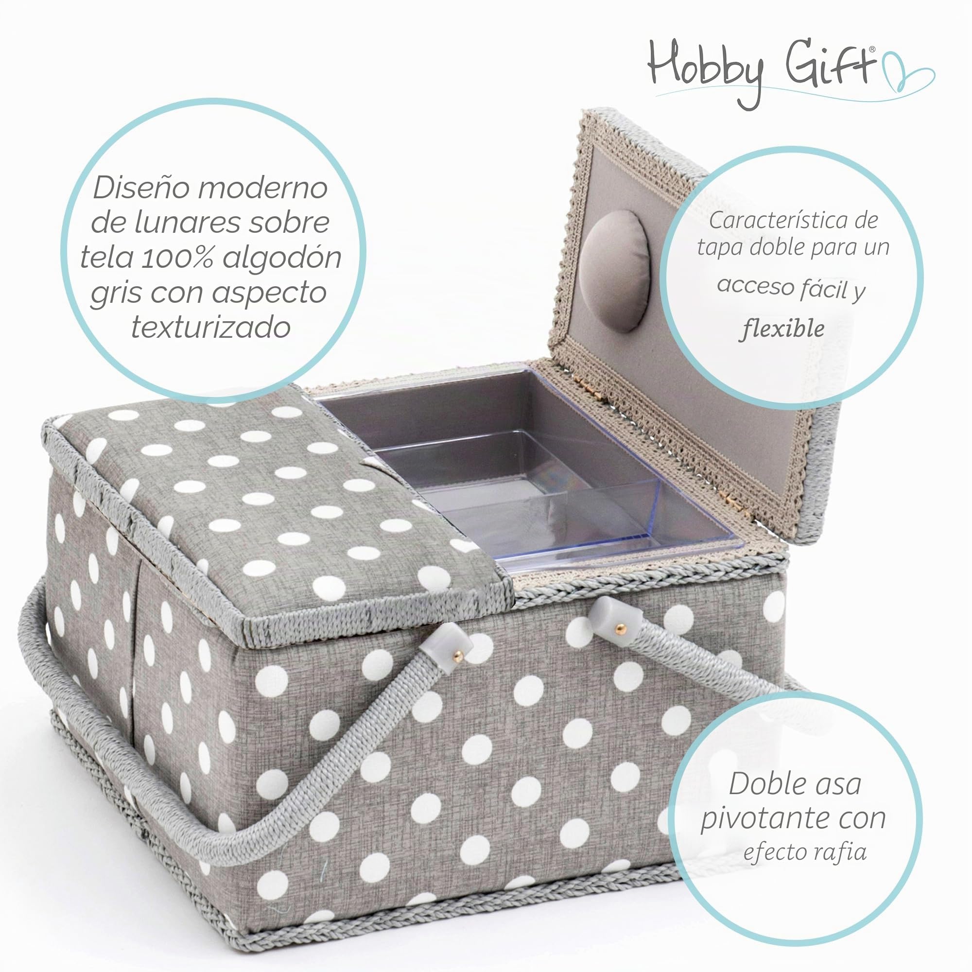 Hobby Gift Caja de Costura Grande con Doble Tapa y Asa, Cesta de Algodón con Compartimentos para Herramientas, 25 x 25 x 17 cm, Lunares Gris