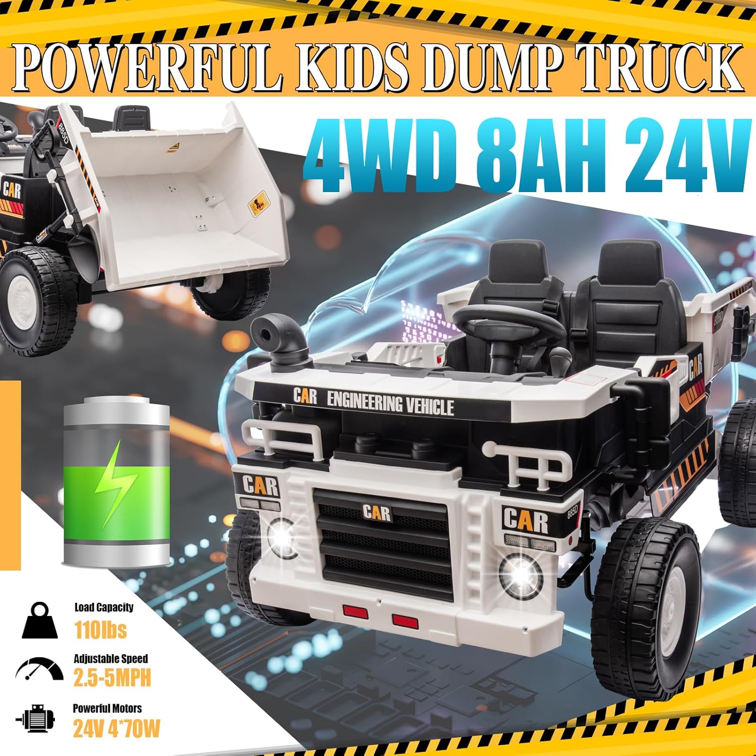 24V 2 Seater Ride On Construction Truck with Dump Bed, Kids 4WD Battery Powered Dump Truck w/Remote Control, 4x70W Powerful Motors, Shovel, White