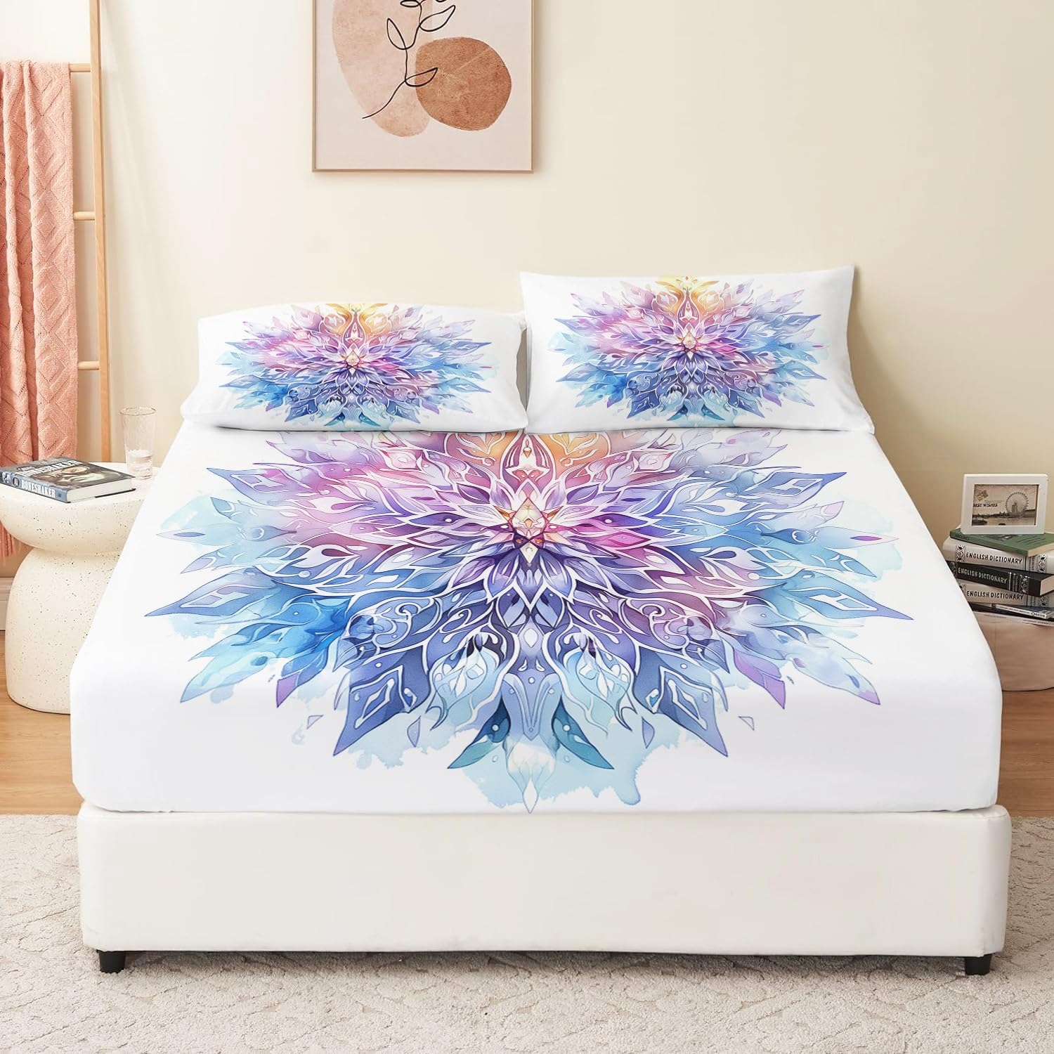 Lenzuolo con angoli stampato con fiocchi di neve in cristallo Lenzuolo con angoli stampato Morbido multicolore con 2 federe Lenzuolo con angoli da letto -30 cm 160 x 200 + 30 CM