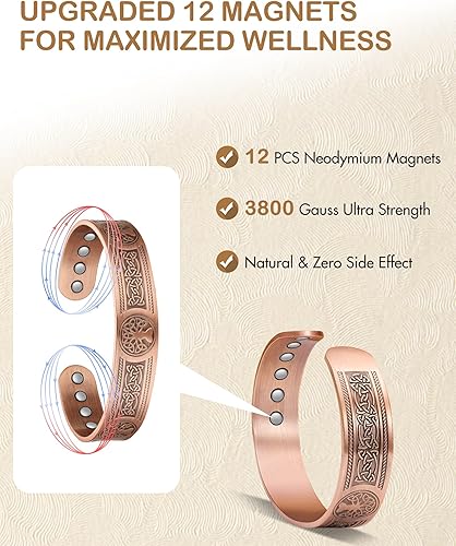 Miniatura 4 de Feraco Pulseras de cobre para hombres, pulsera magnética de cobre puro de 12 veces de fuerza para hombres con imanes de neodimio, brazalete