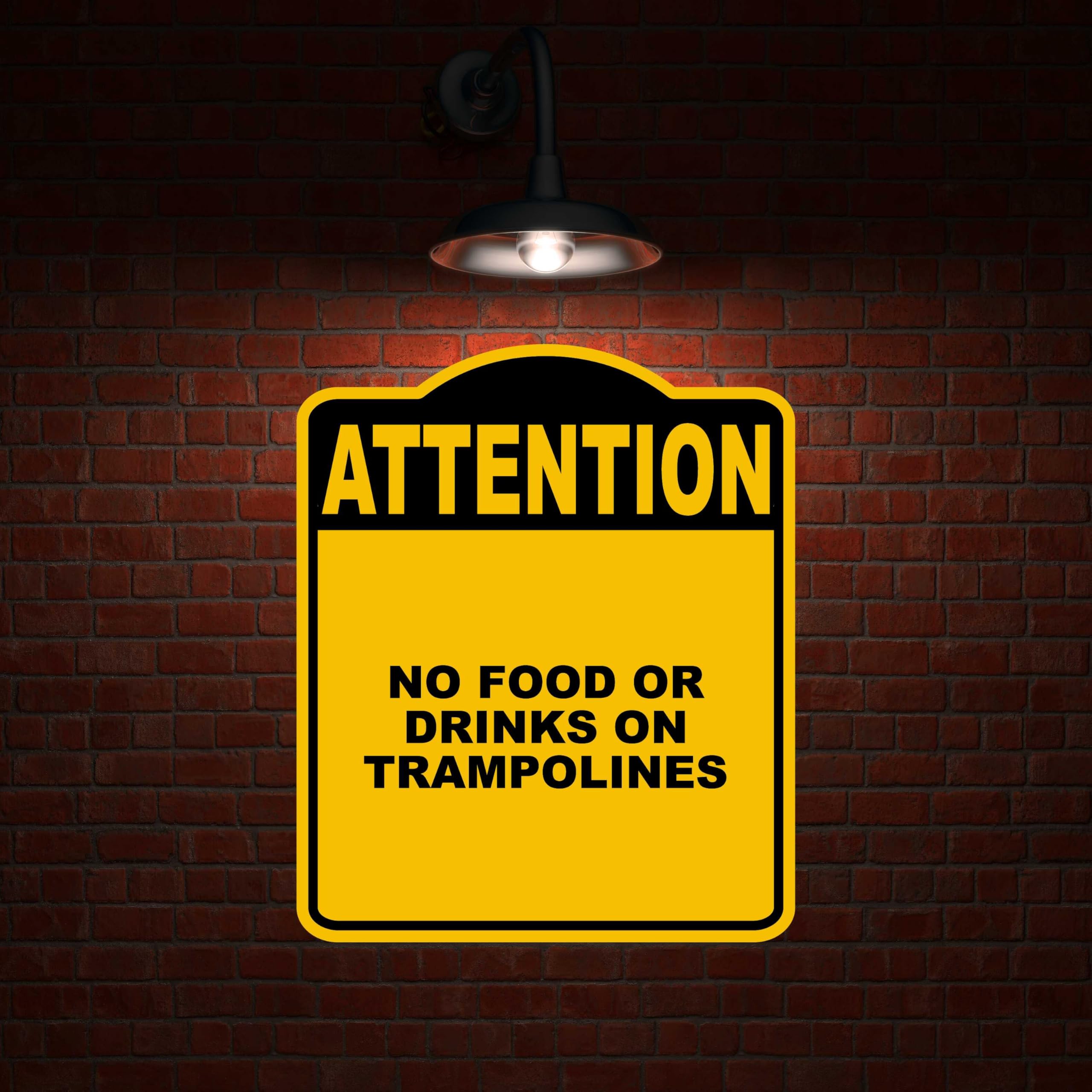 NO FOOD OR DRINKS ON TRAMPOLINES Attention Yellow Black Aluminum Composite Sign 8.5 x 10 inches