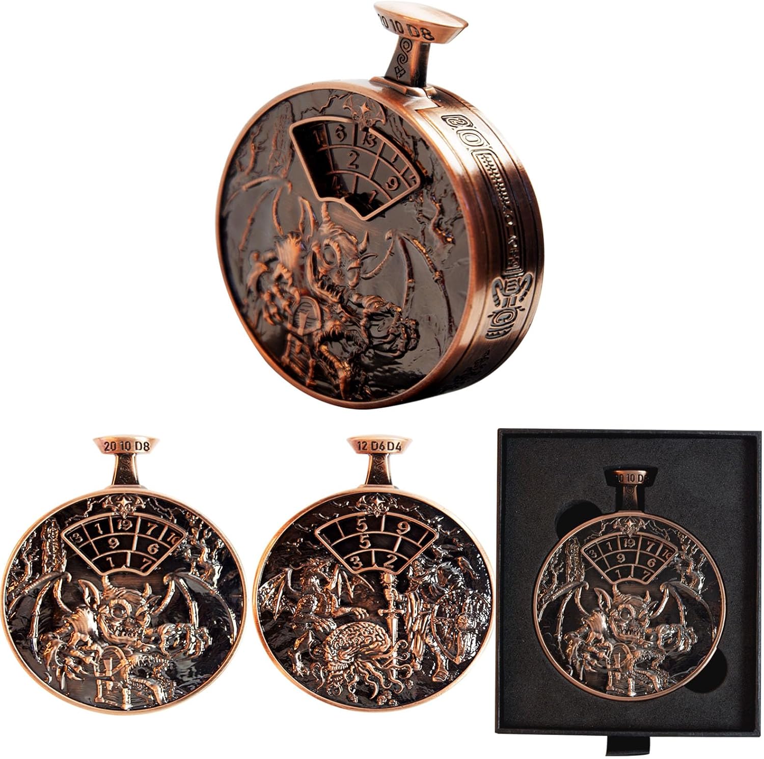 All-in-One DND Spinner Dice Roller | Press to Roll D4-D20 | Metal Pocket Watch with Hand-Carved 3D Dragon Art | MTG TTRPG Gifts (Ancient Copper)