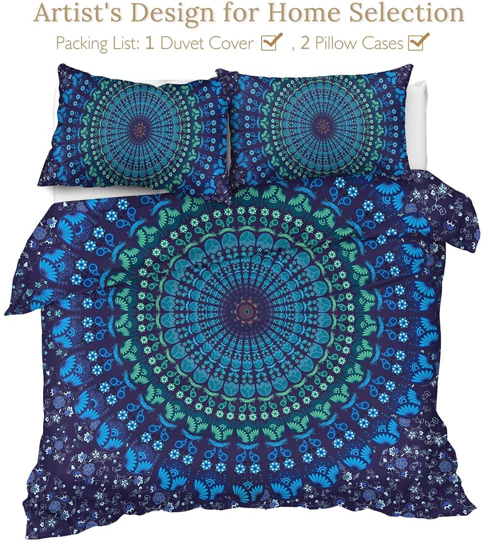 Sleepwish 4 Pcs Bohemian Bedding Set Bohemia Blue Mandala Bedding Medallion Duvet Cover Set Queen Size