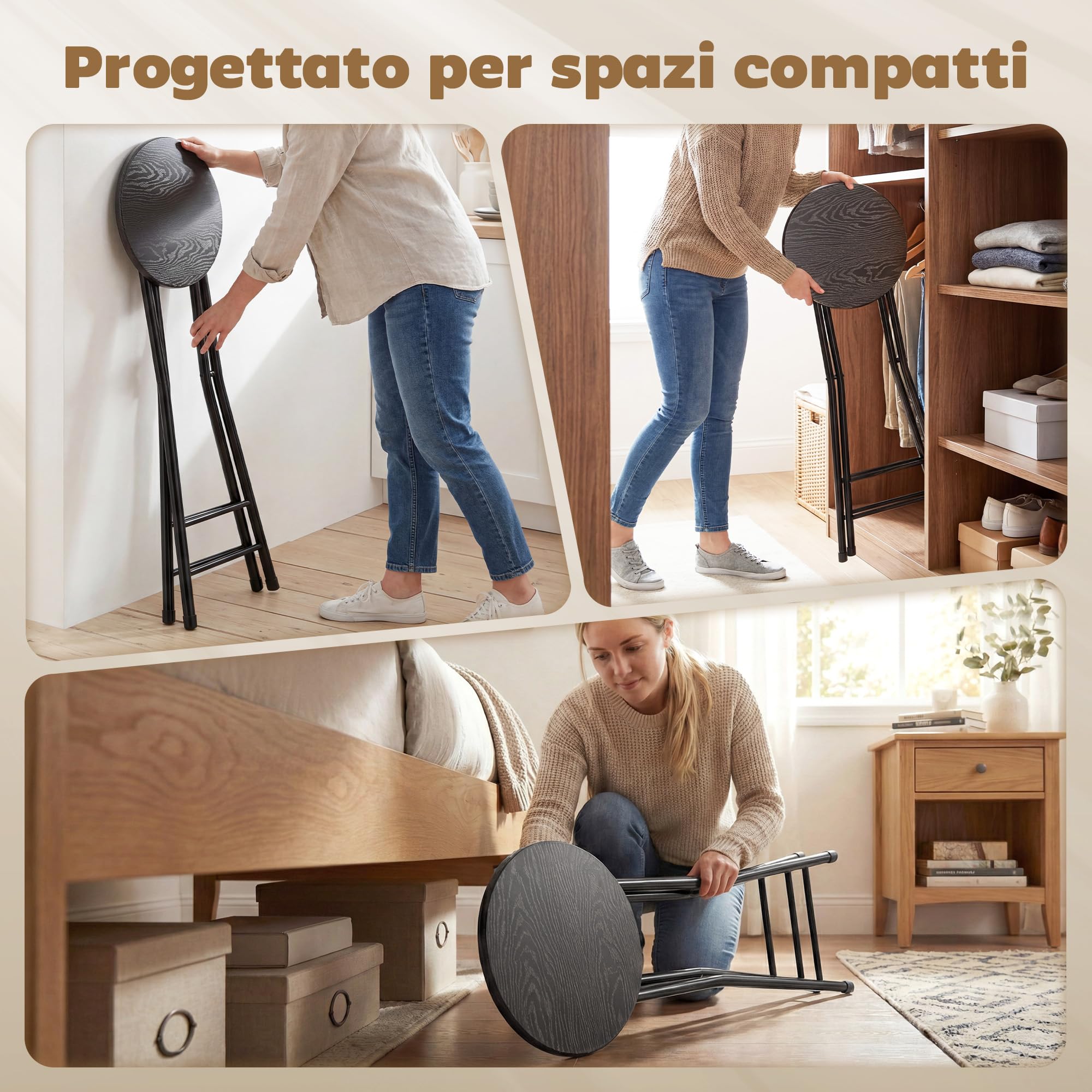 HOMCOM Set 4 Sgabelli Bar Pieghevoli, Sgabelli Cucina Alti Rotondi con 2 Poggiapiedi, Struttura in Legno e Acciaio, Sedie Bar Alte, per Penisola, Nero