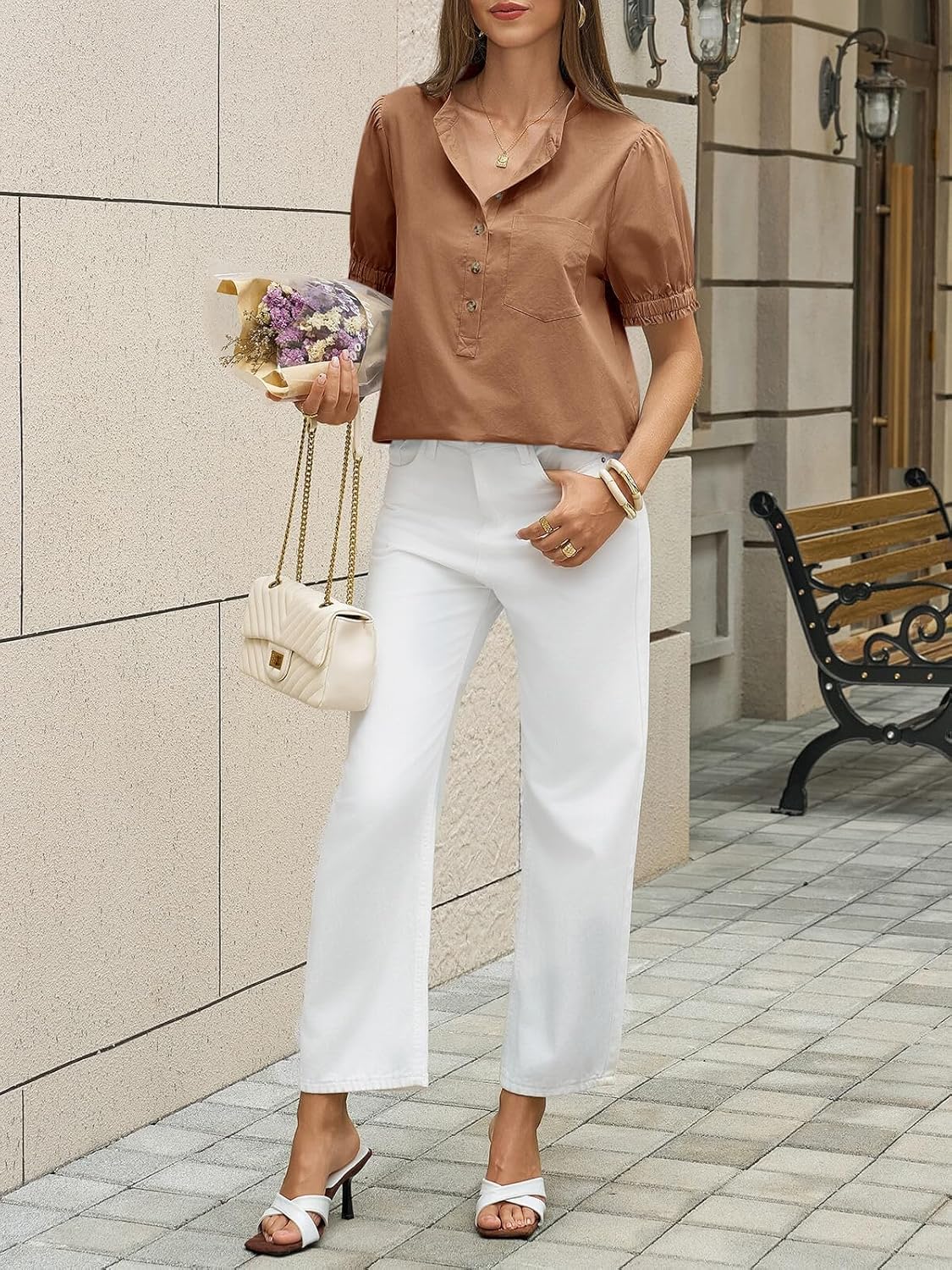 Cicy Bell Womens Puff Short Sleeve Blouses Summer Casual Half Button Down Collared Shirts Cotton Loose Fit Work Tops - Image 6