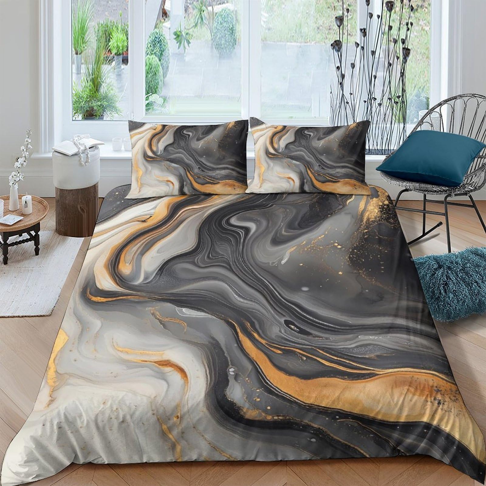 Ctjqhvkz Style-5 3D Printed Marble Swirl Fitted Sheet Microfiber Soft Gold Black Abstract Mattress Cover For Bedroom Guest Room Decor Single（135X200cm）
