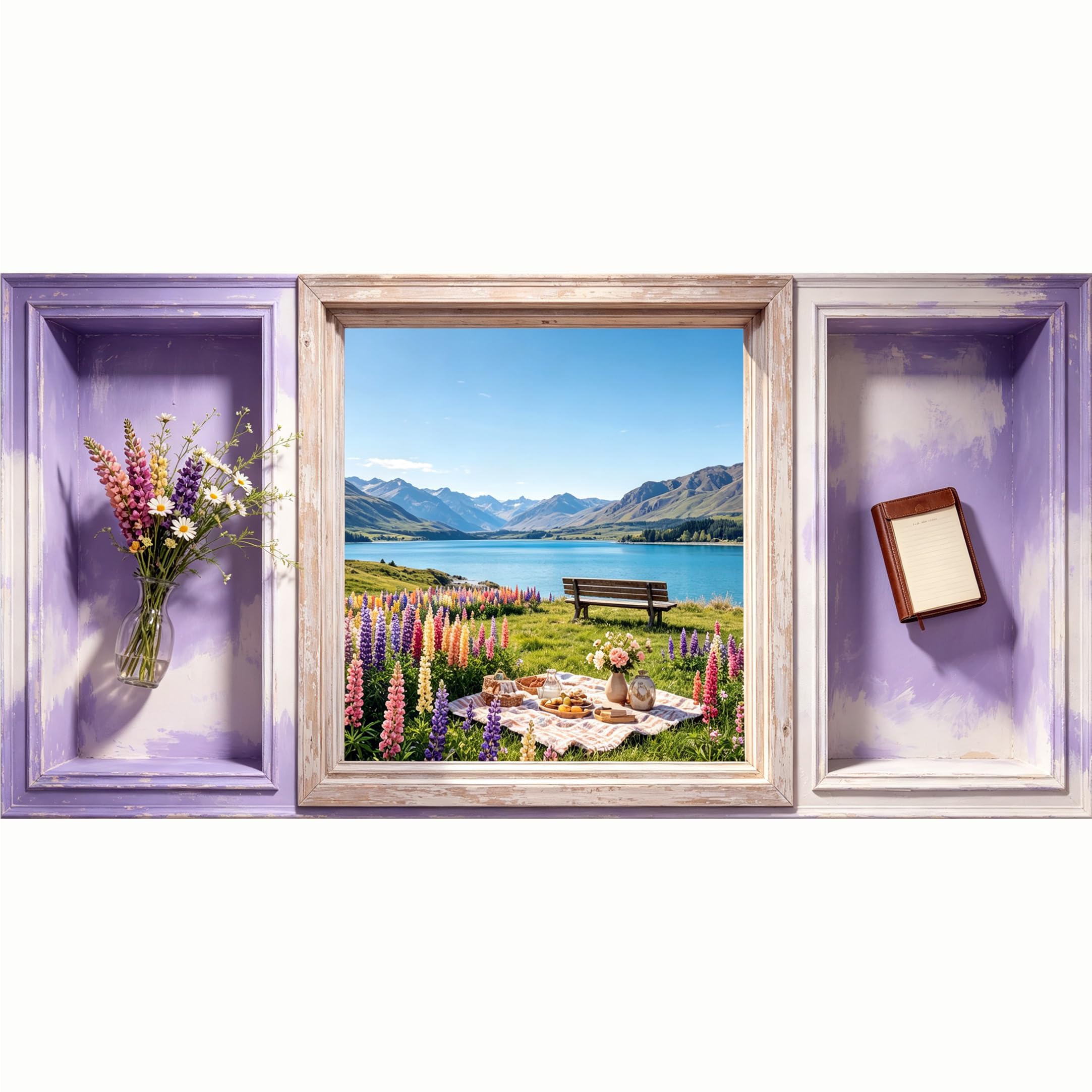 QZLITHOTIC 50x100cm 3D Framed Wall Art， Mountain Lake Landscape Picnic Meadow Self‑Adhesive Mural， Water‑Activated Peel & Stick Fabric Decor Wall Decal for Bedroom Living Room