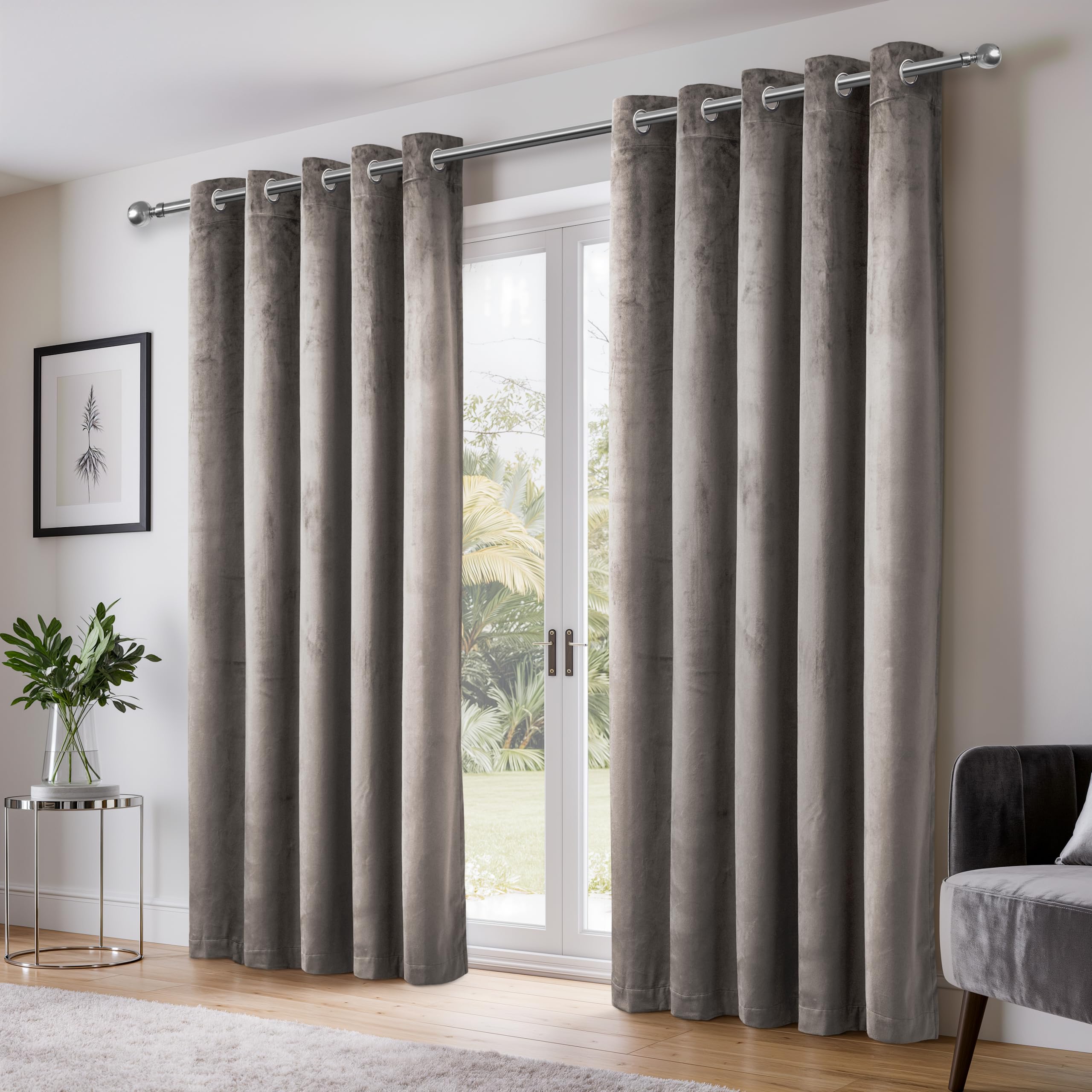 Emma Barclay Dusk Velvet Blackout Eyelet Ring Top Curtains for Bedroom Living Room, Thermal Soft Plain Velvet Curtain Pair, 66 x 54 Inch, Stone