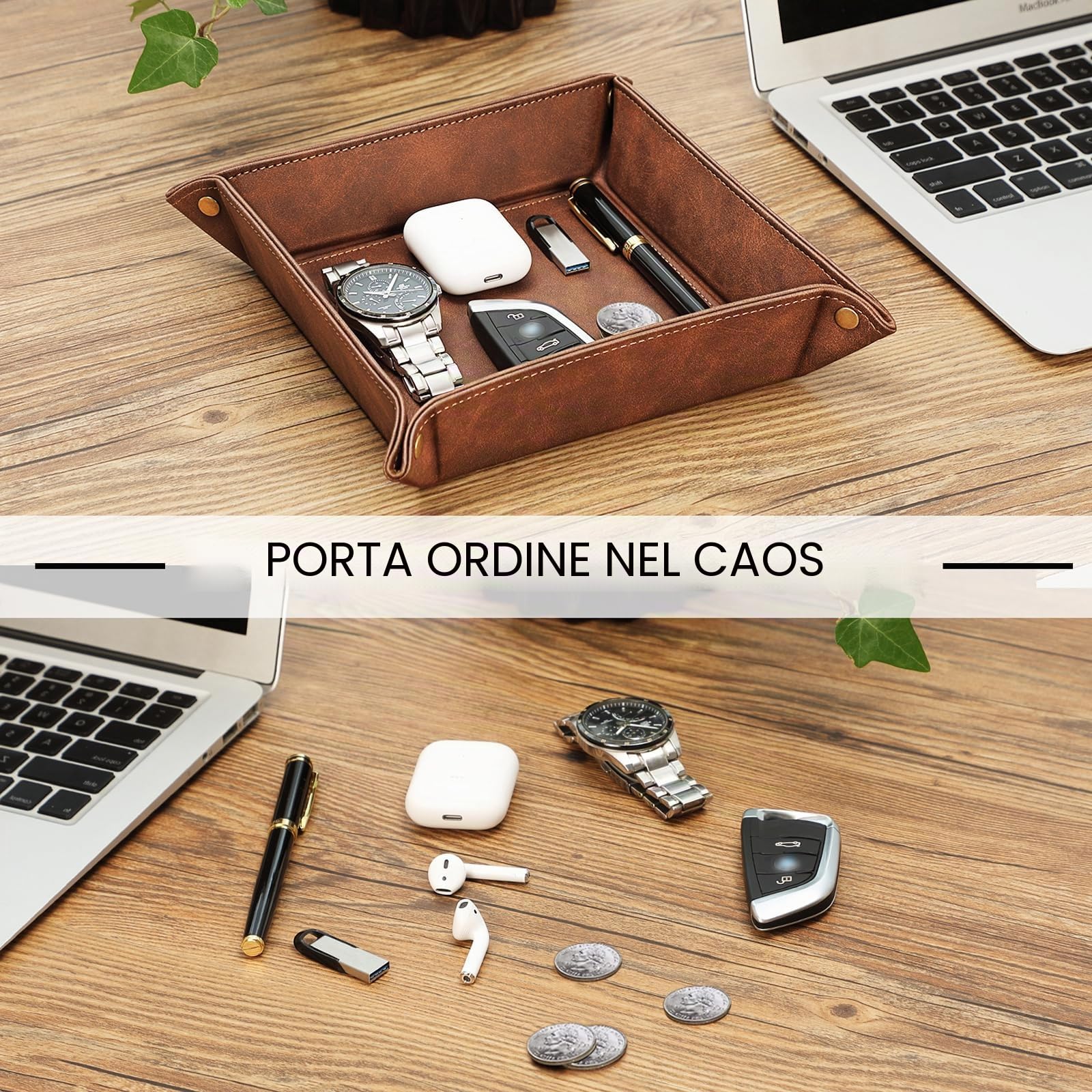 SITHON Vassoio Portaoggetti in PU Pelle, Contenitore Svuotatasche Organizzatore da Comodino Scrivania per Gioielli, Telecomando, Chiavi, Telefono, Portafoglio, Monete, Marron