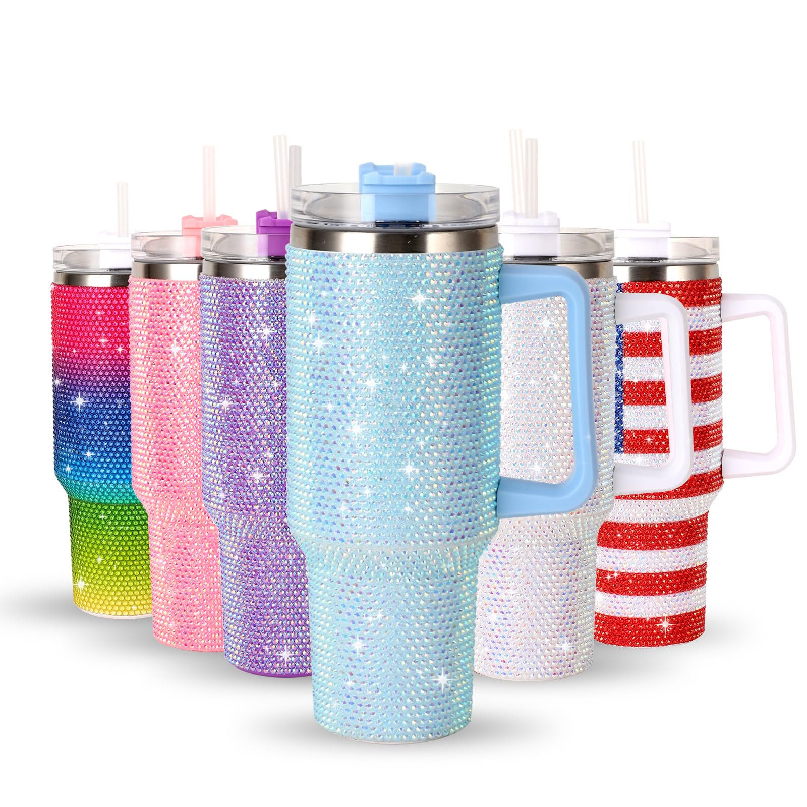 40OZ Bling Tumbler With Handle Studded Rhinestone Tumbler Glitter Cups with Lid Stainless Steel Vacuum Thermal with Straw for Ice Cold or Warm Drinking for Women Cup (Blue Shiny)