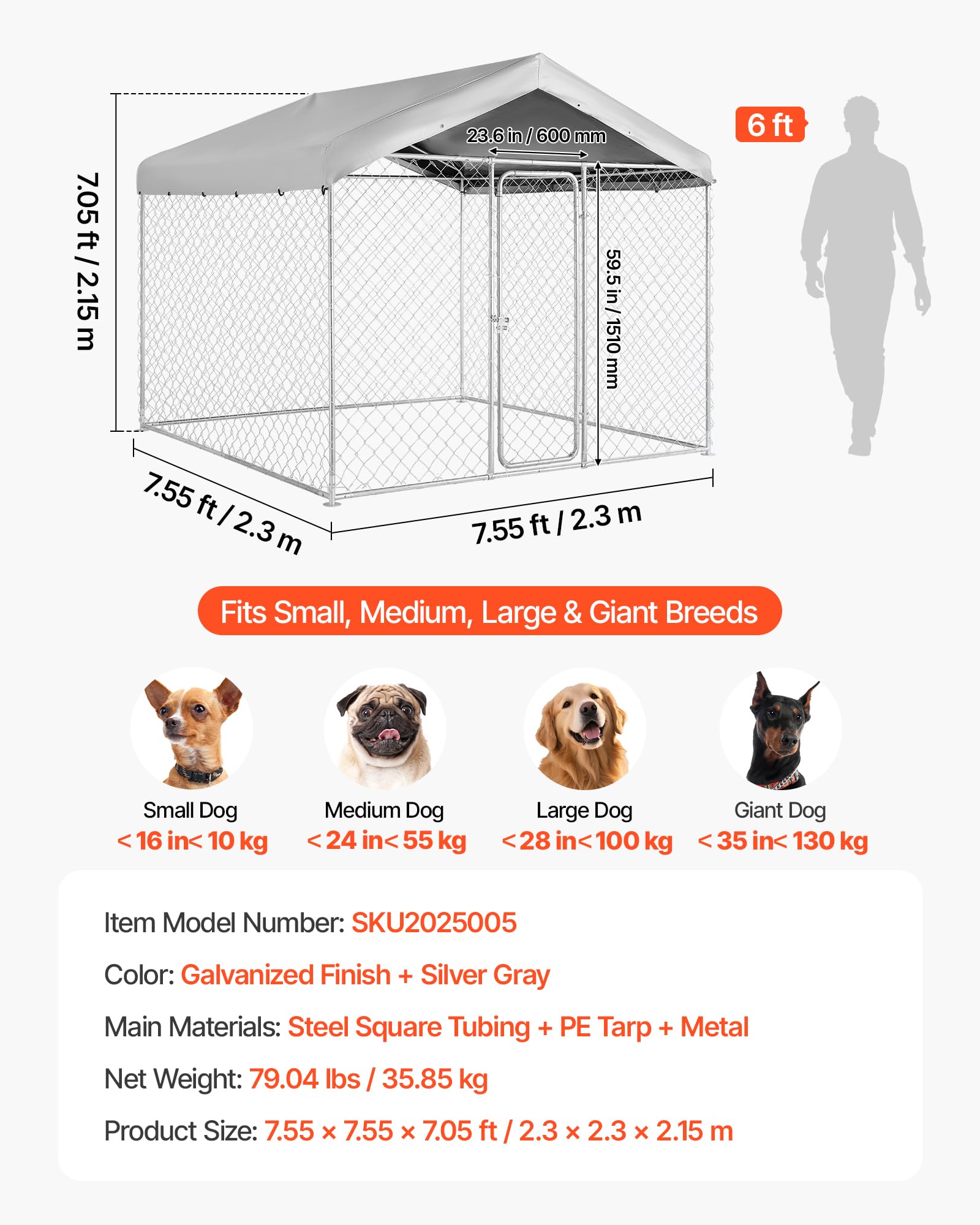VEVOR Hundezwinger, 2,3 x 2,3 x 2,15 m, Hundehütte mit Sicherheitsschloss, Outdoor Hundehaus mit UV-Beständiger & Wasserdichter Dachabdeckung, Robuste Hundegehege/Auslauf für Große Hunde