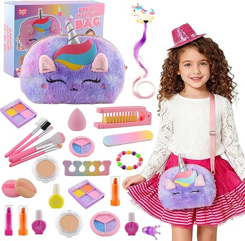 Bolsa de juego grande para niñas con 21 juguetes de maquillaje, más grande que la mayoría. Kit de maquillaje real no tóxico para niños, superficie