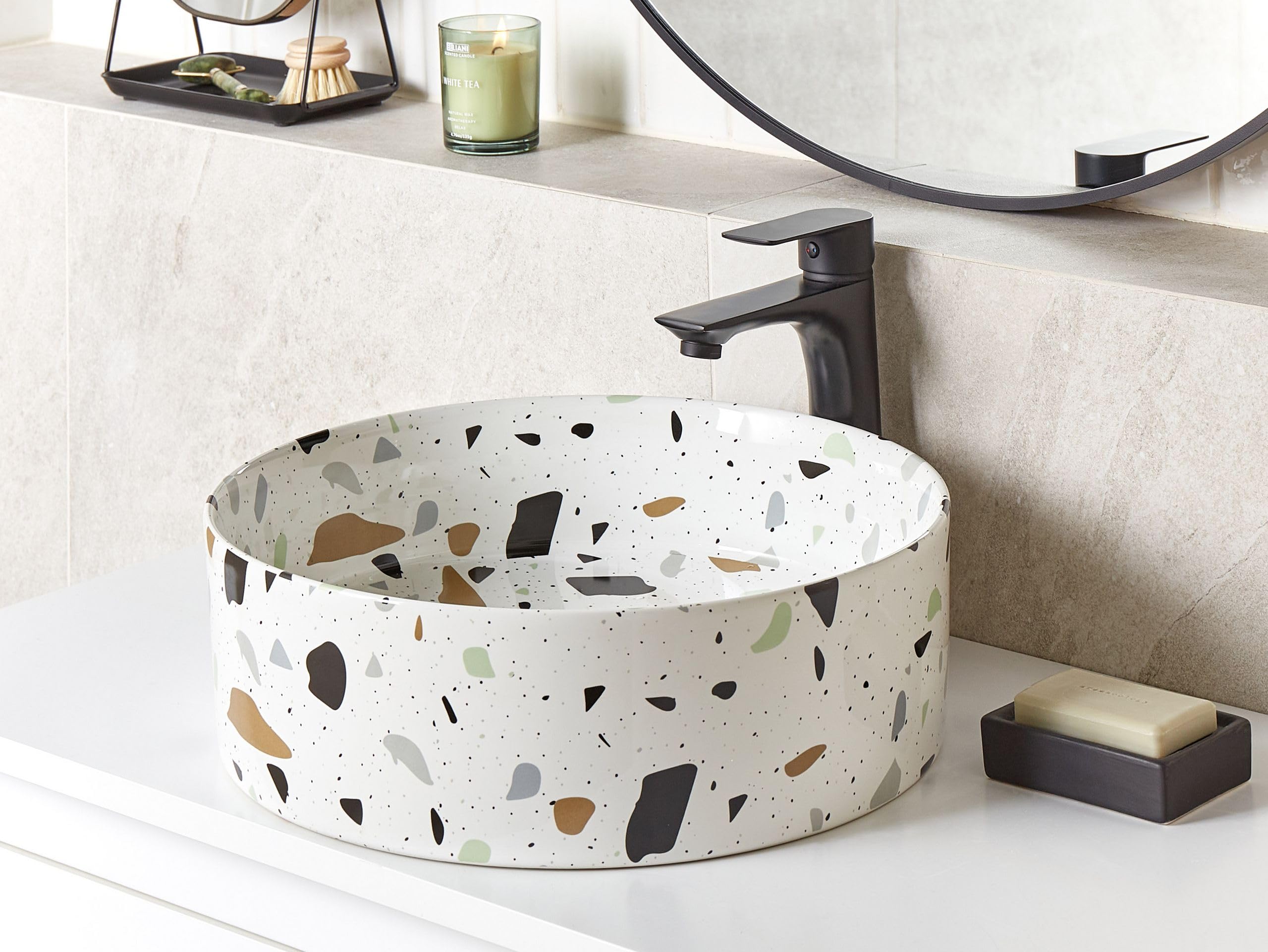 Lavabo de encimera baño cerámica efecto terrazo redondo blanco 40 cm Nules