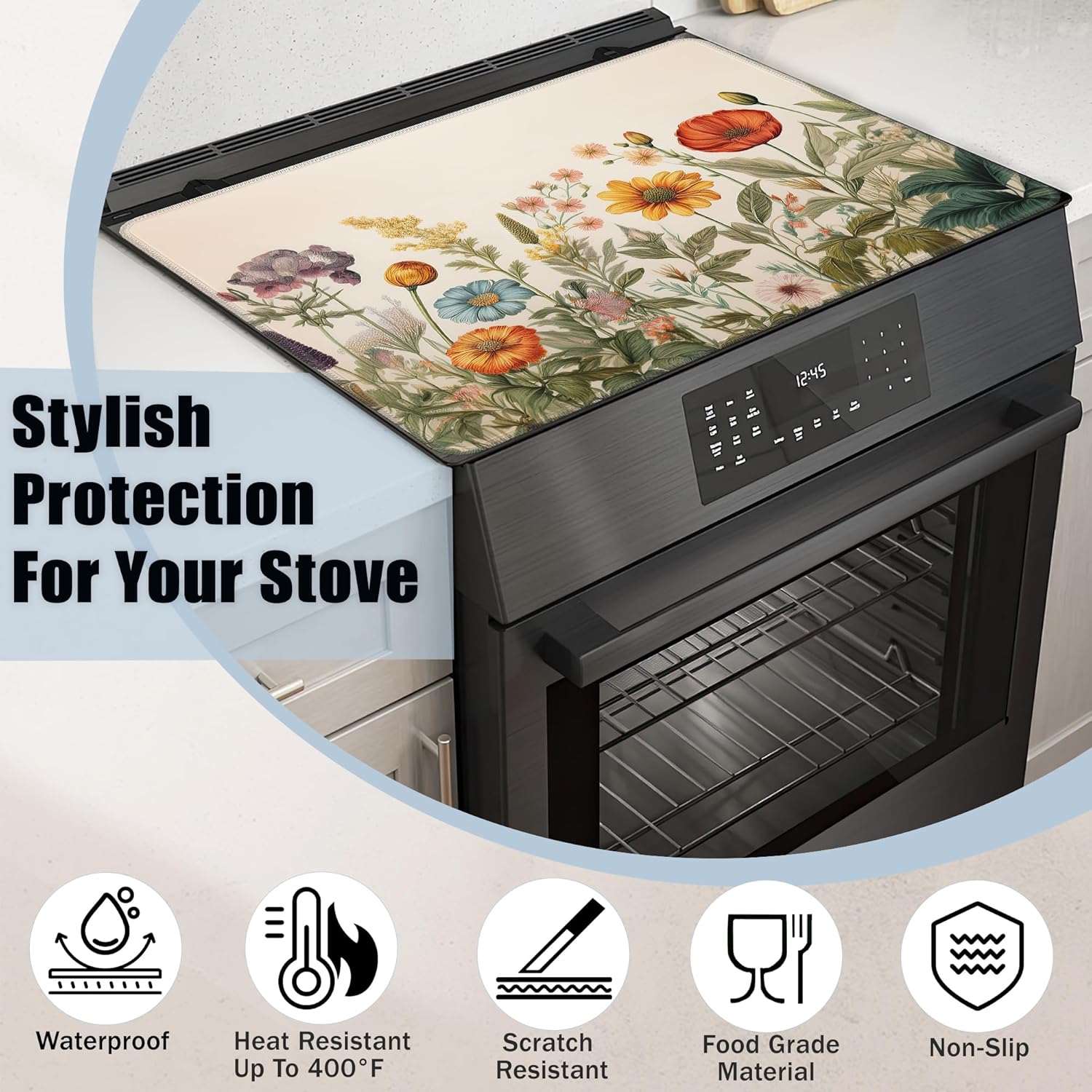 Wild Flowers Glass Top Stove Cover Protector,Rustic Floral Stove Top Covers for Electric Stove,Washable Heat Resistant Cooktop Mat Anti-Slip Range Covers, 28 x 20 Inch