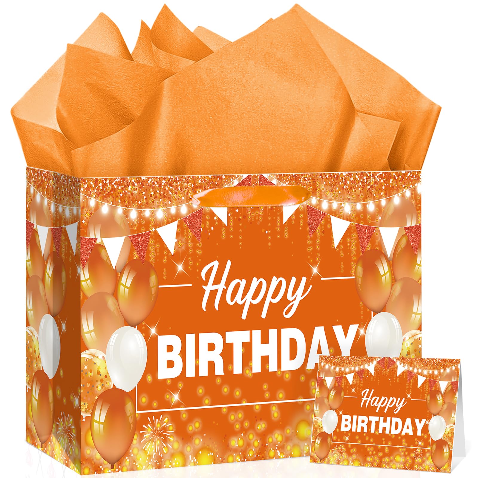 Orange Birthday Gift Bag with Tissue Paper and Card Orange Birthday Wrapping Paper Bag for Baby Shower Graduation Mother's Day Fall Thanksgiving Halloween Party Favors Bag Bday Decorations Supplies