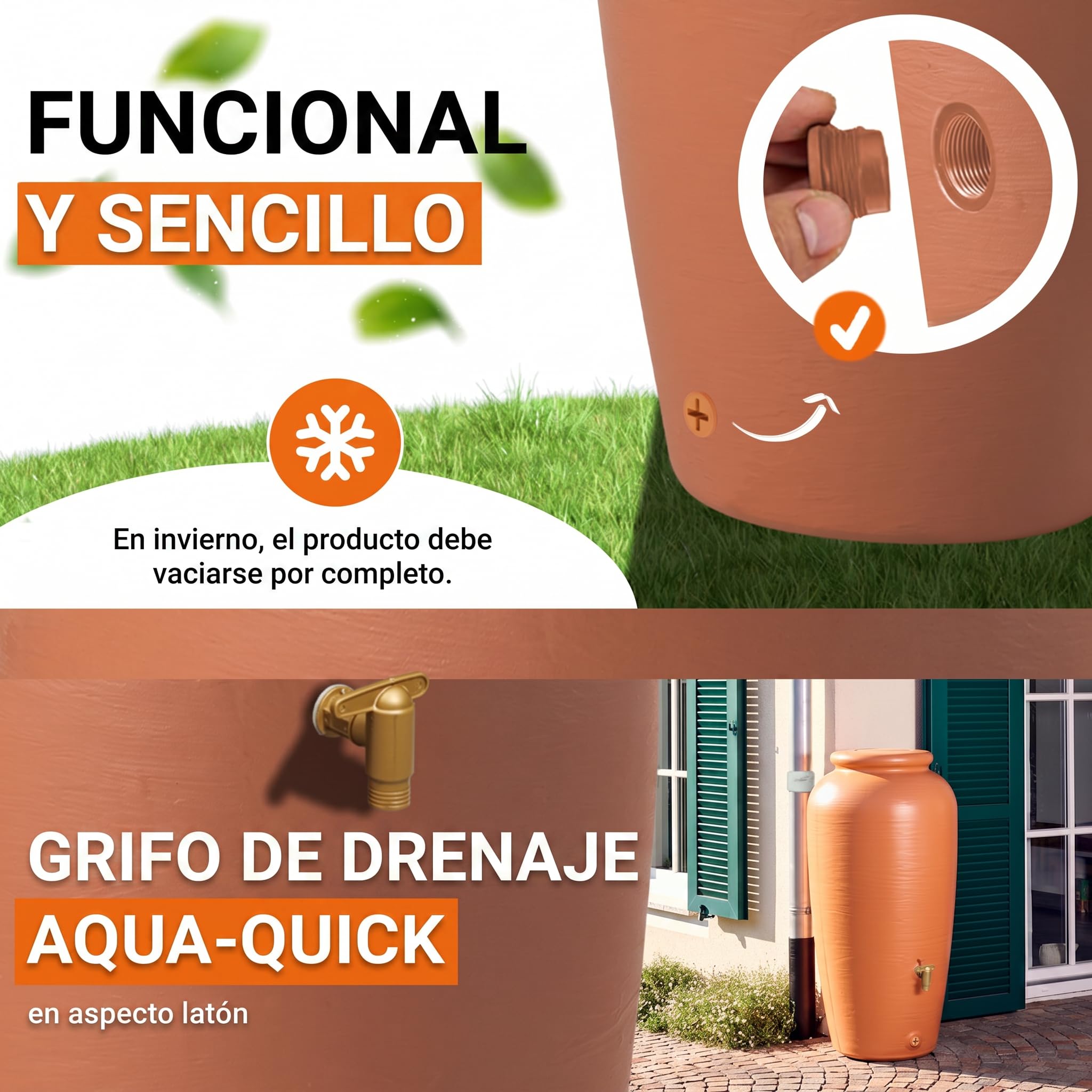 GARANTIA ánfora Set Completo 240 L Terracota Incl. Grifo de Salida de plástico y conexión al bajante