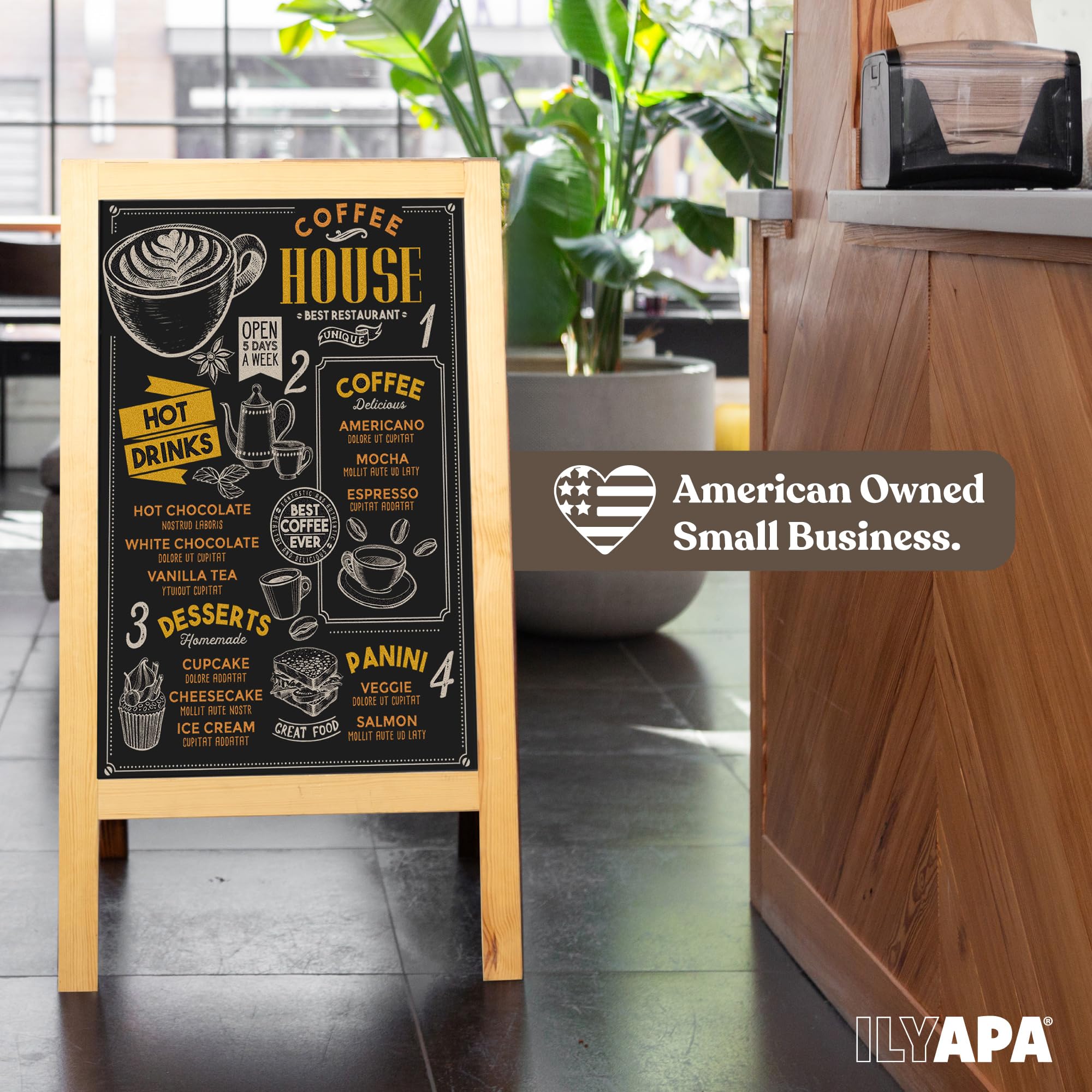 Drewniany znak A-Frame z gumką i kredą – 100 x 50 cm, magnetyczna tablica kredowa na chodnik, solidna wolnostojąca tablica typu "zrób to sam", do restauracji, biznesu lub na ślub