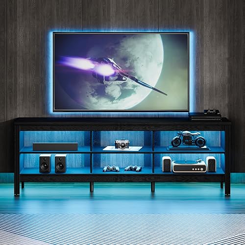 Miniatura 43 de WAMPAT Soporte de TV LED para TV de 75 pulgadas con luz LED de 16 colores, centro de entretenimiento negro para TV de más de 65 pulgadas, mesa Negro