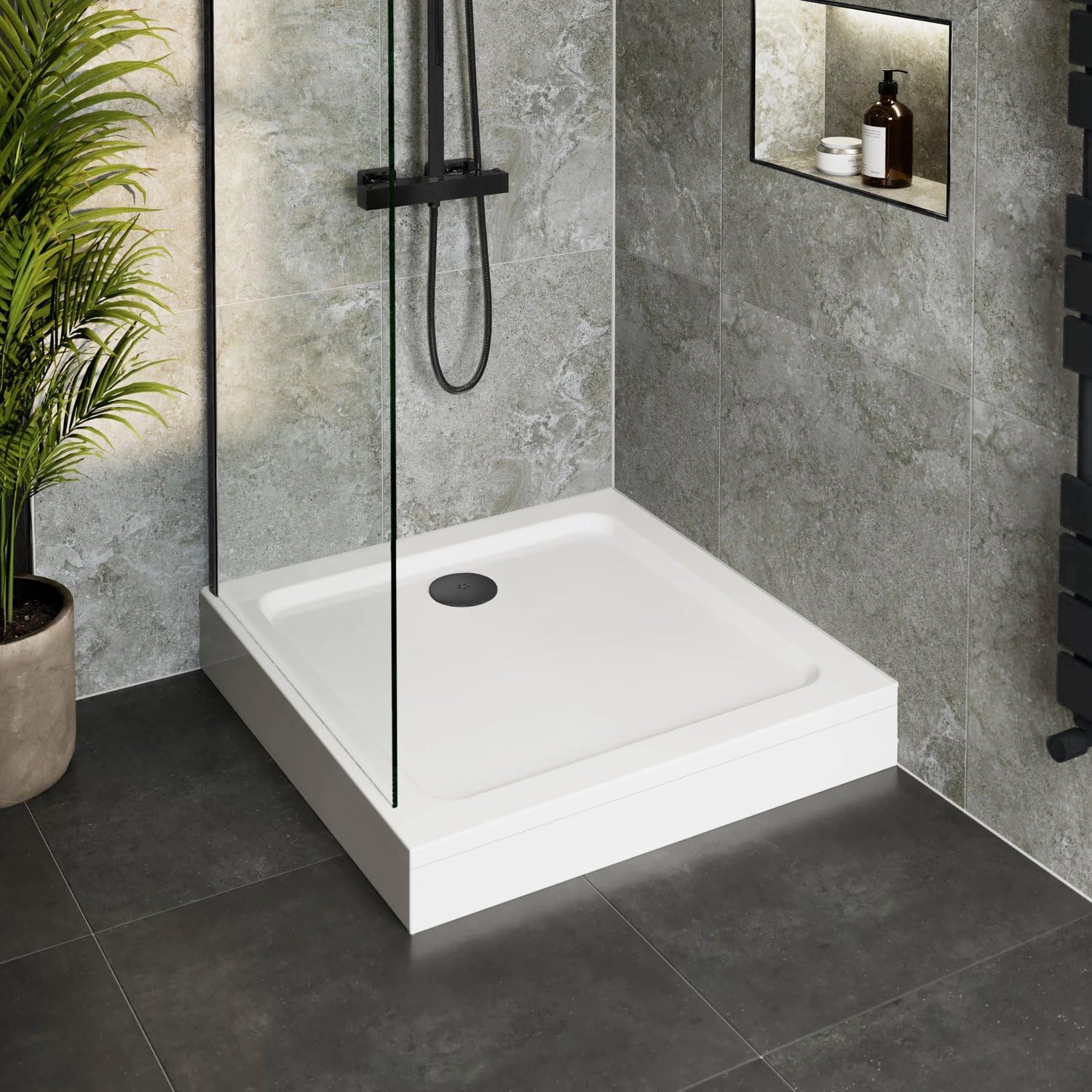 Hydrolux® 900 x 900 x 140mm White Bathroom Shower Tray for Enclosures Cubicles & Wet Room with Black Waste + Riser Kit, Square