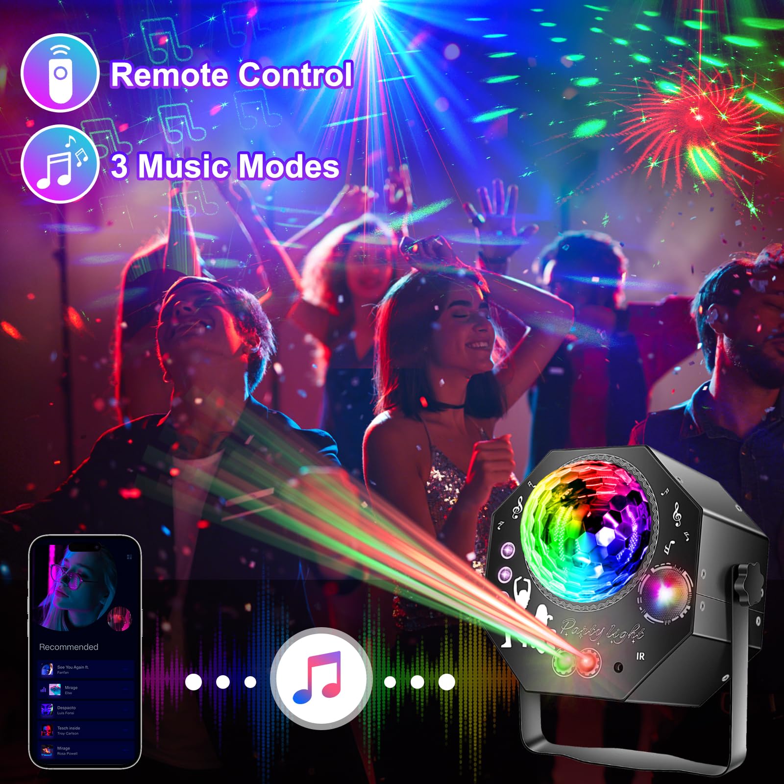 4-in-1 Discokugel mit Motor und Licht, Discolicht Partylicht 64 Muster, Musikgesteuert Disco Party Lampe mit Fernbedienung, RGB UV Stroboskop für Wohnungen Räume Bar Klub Outdoor Geburtstag Party
