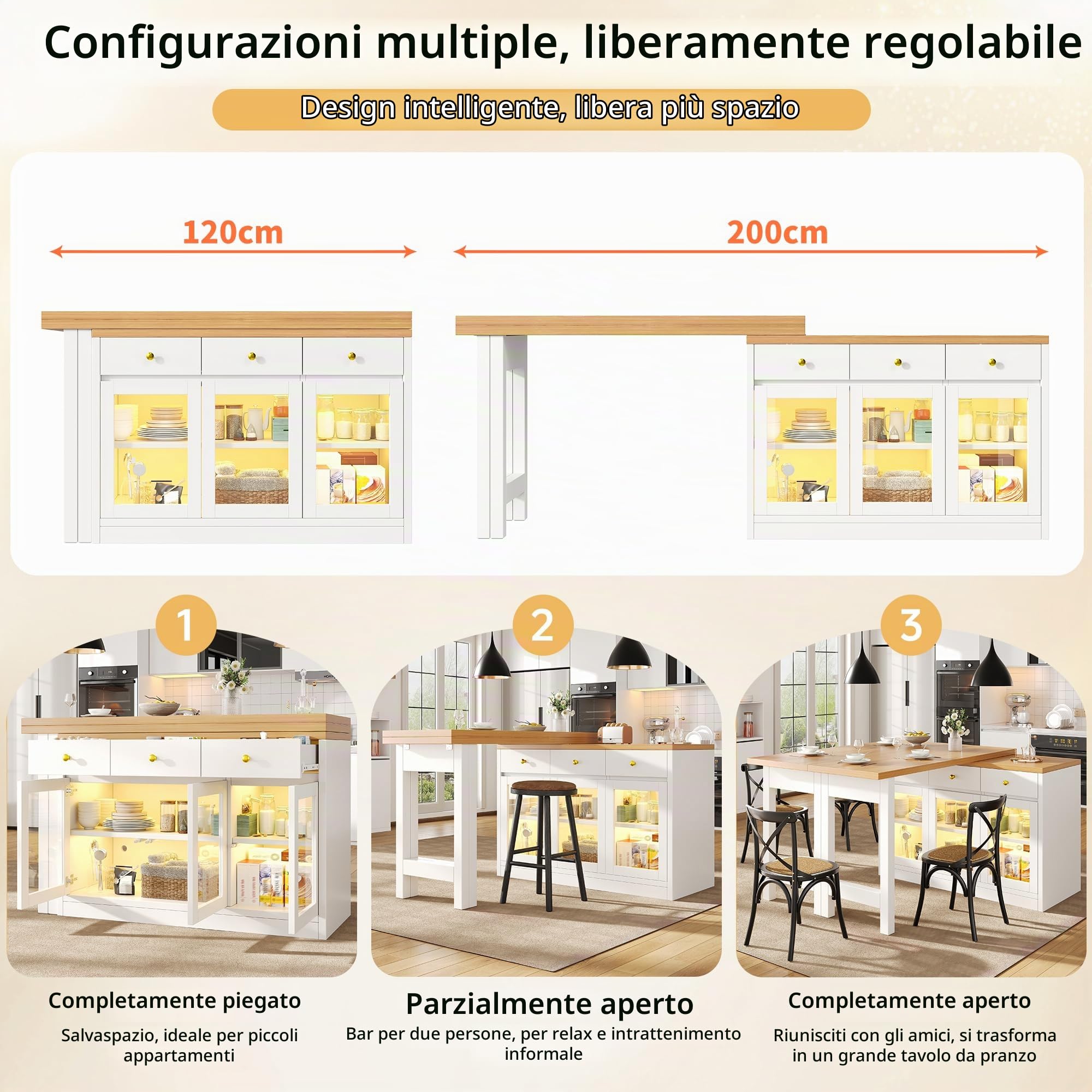 Tavolo da pranzo telescopico 120-200 cm, Isola cucina con illuminazione a LED, Tavolo da bar con 3 cassetti e ante in vetro, controllo tramite app, Bianco