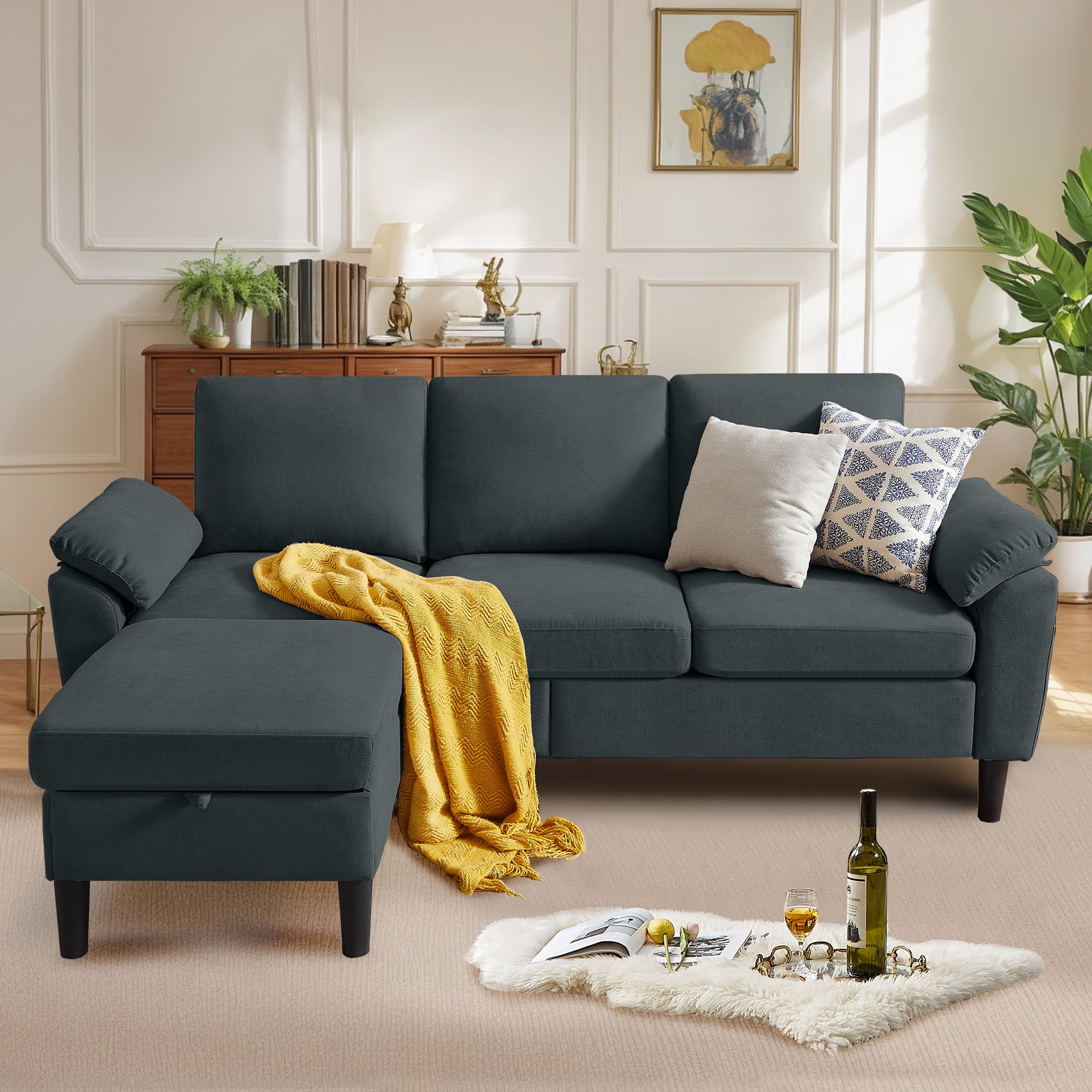 Enobala Convertible Sectional Sofa, Modern L Shaped 3-seat Sofa, 79" Linen Fabric Small Sectional Couch with Movable Ottoman, Couch for Small Spaces