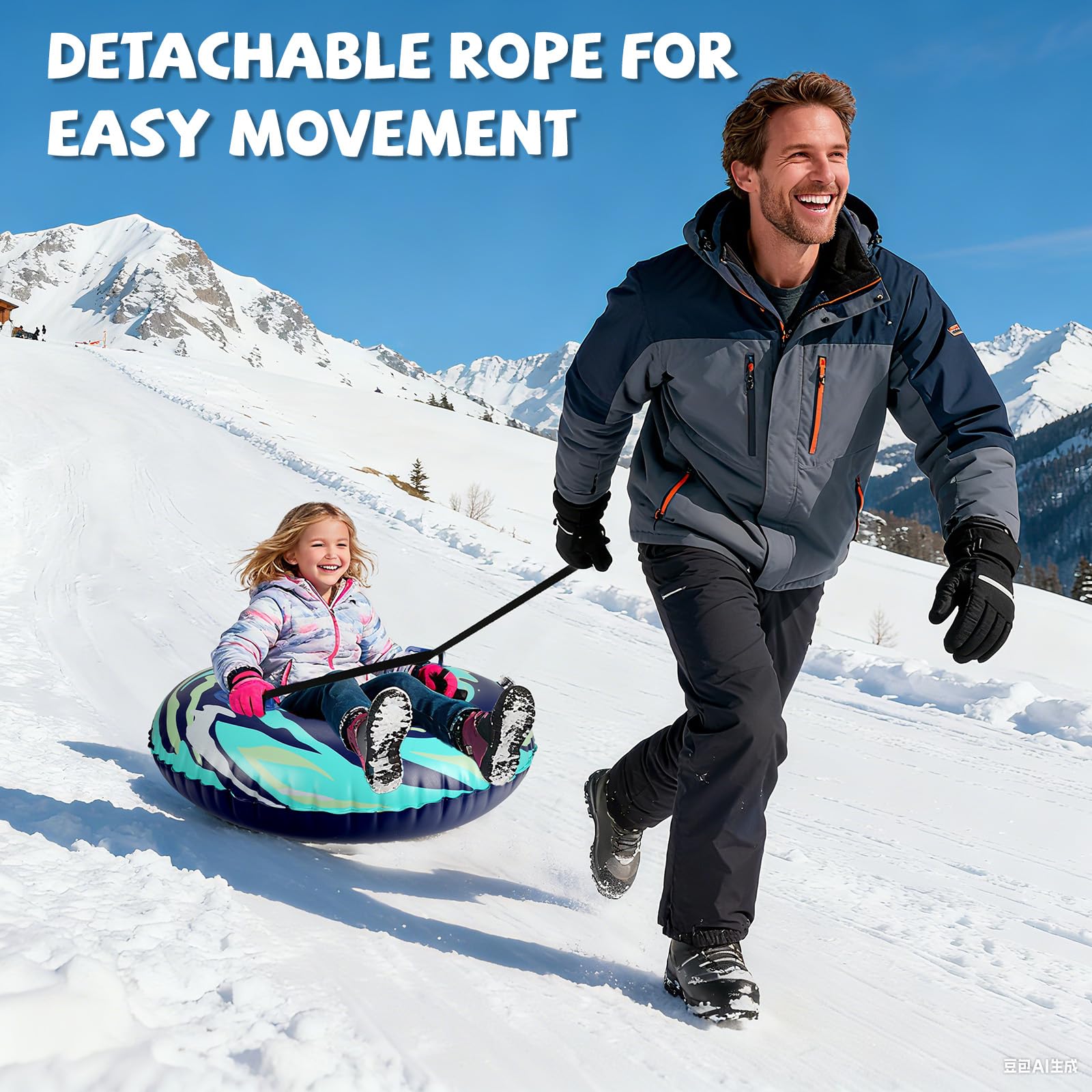 Tube à neige avec corde de remorquage remorquable, luge gonflable très résistante de 119,4 cm pour enfants et adultes de qualité supérieure résistante à l'abrasion avec fond épais pour l'hiver