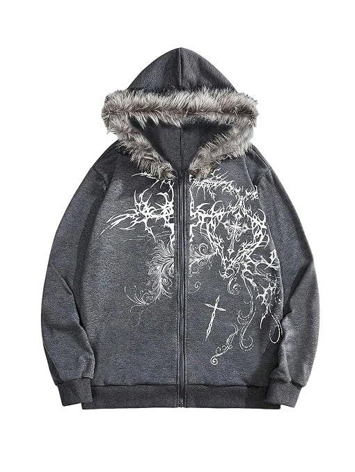 Buy SOLY HUX Men's Y2k Grunge Zip Up Hoodie Sweatshirts Gothic Fur