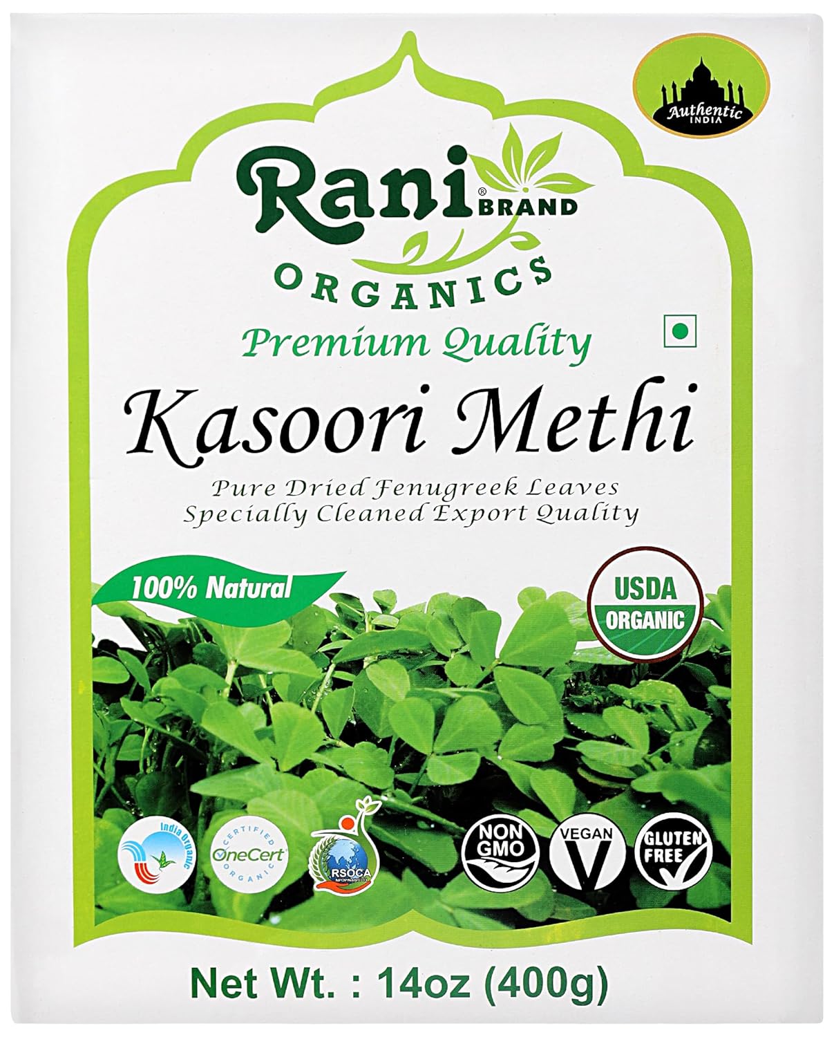 Rani Organic Fenugreek Leaves Dried (Kasoori Methi) 14oz (400g) ~ All Natural | Vegan | Gluten Friendly | NON-GMO | Kosher | Indian Origin | USDA Certified Organic